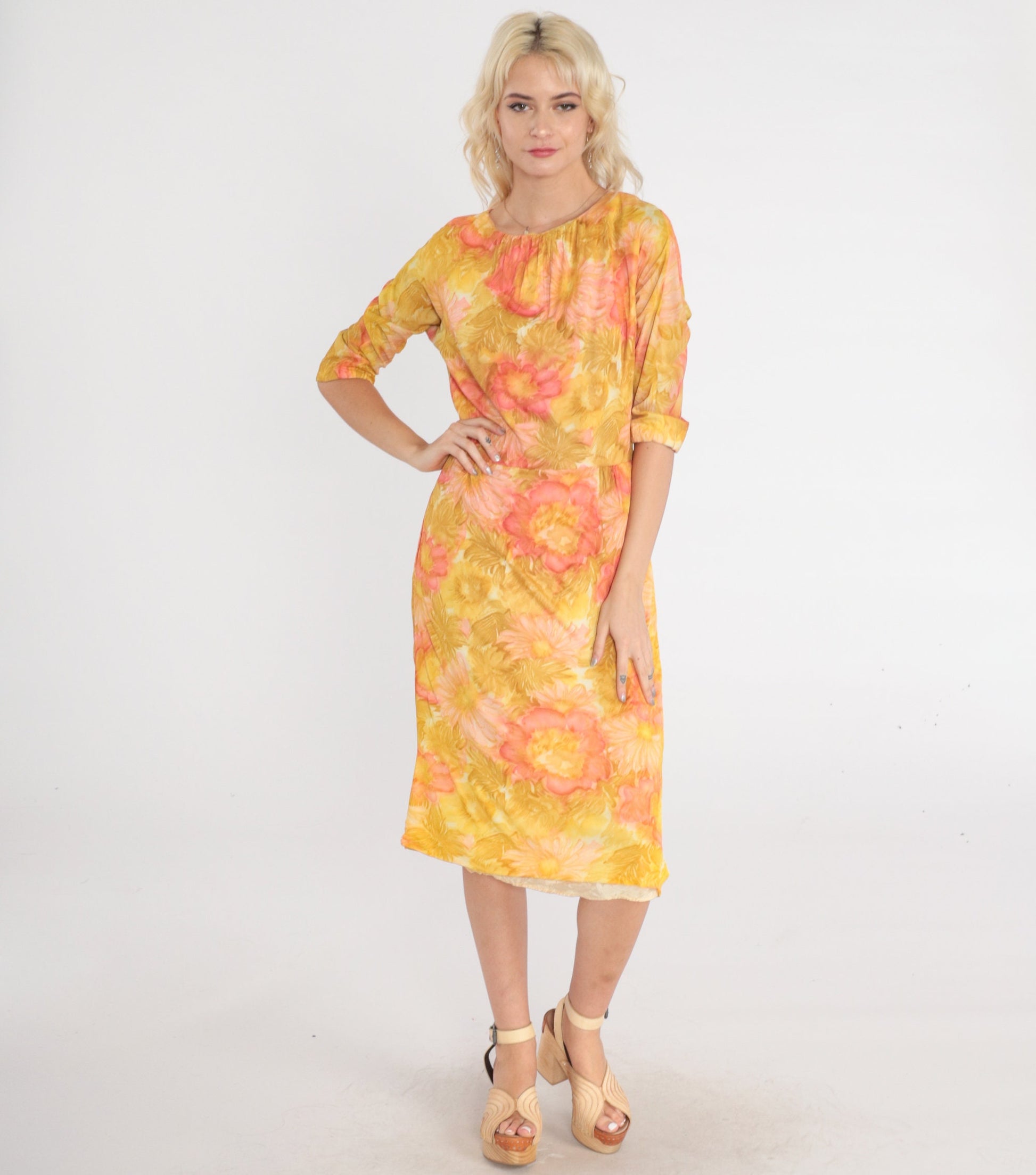 1960s Floral Watercolor Print Dress High Waist 3/4 Sleeve Midi Yellow Green Small