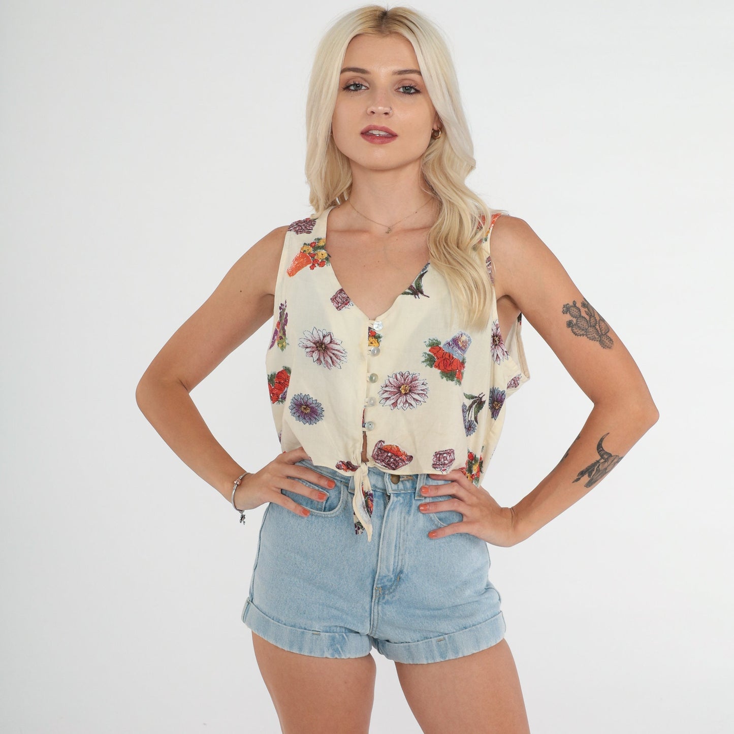 90s Floral Gardening Crop Top Cream Button-Up Tank Tie Waist Large