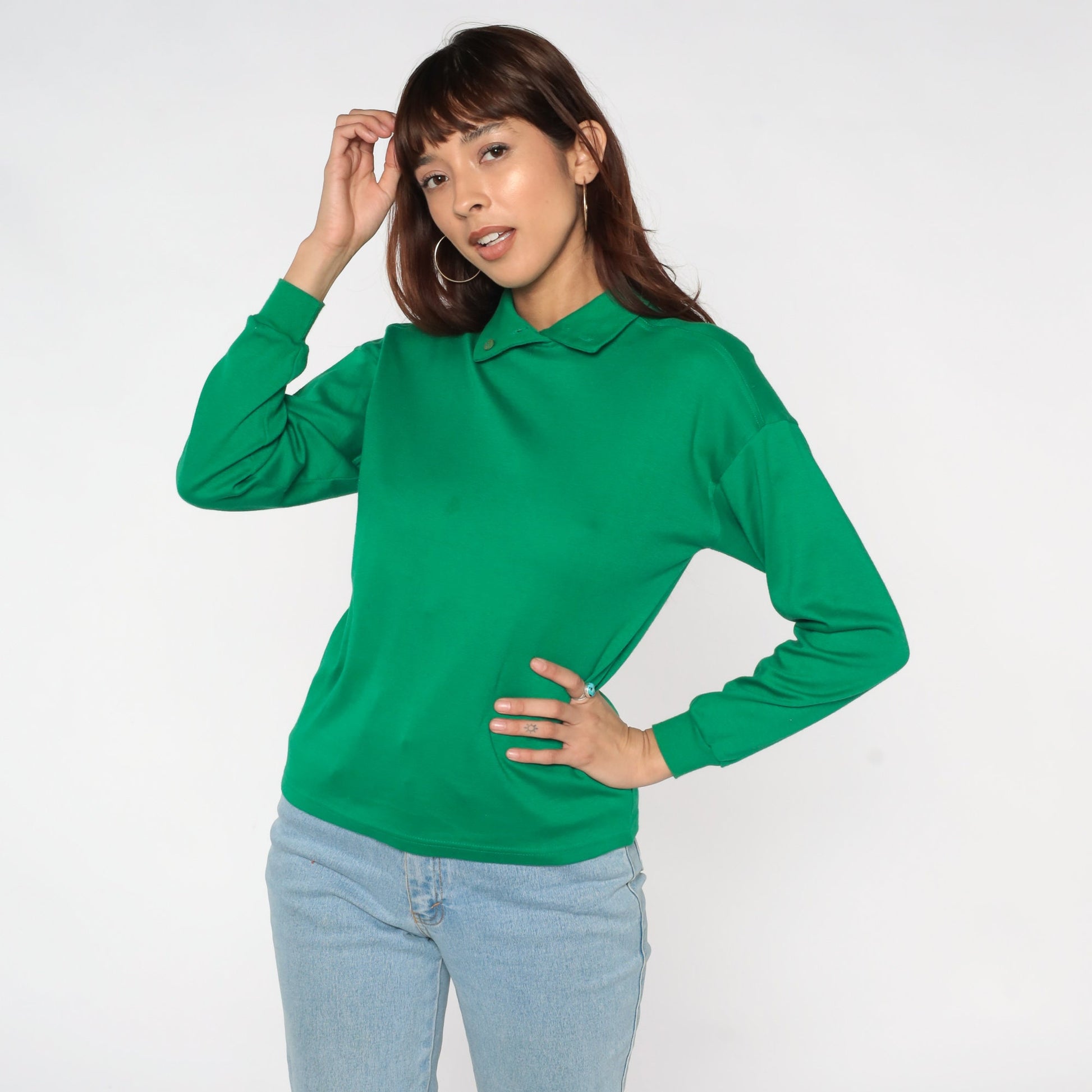 80s Benetton Green Polo Shirt Long Sleeve Cotton Collared Small