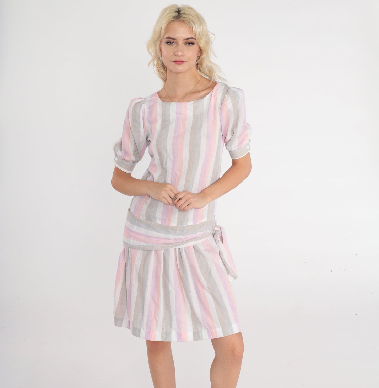 80s Striped Mini Dress Puff Sleeve Drop Waist Tie Side Pink Purple Small