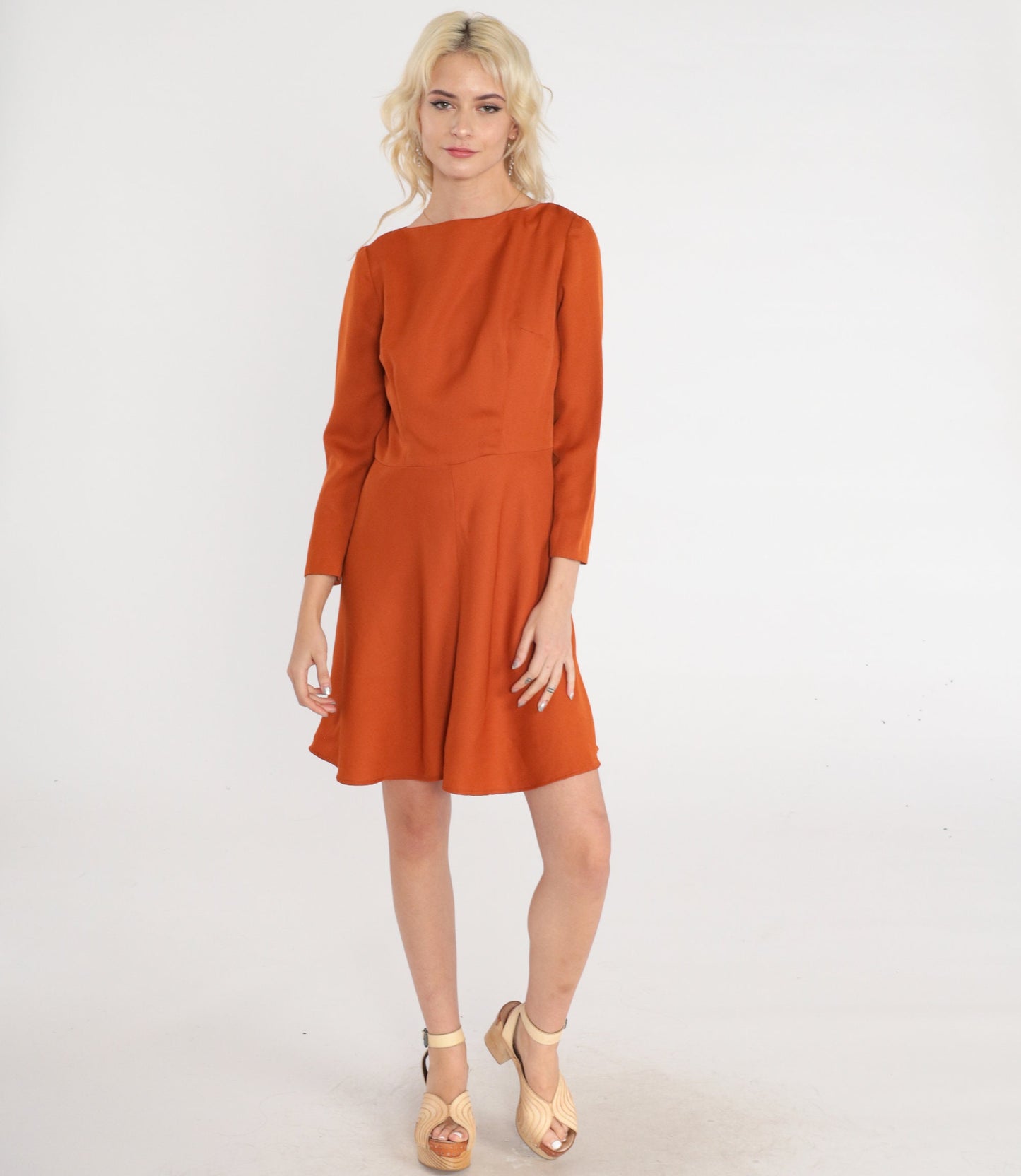 70s Burnt Orange Mini Dress Boat Neck Long Sleeve Flared Small