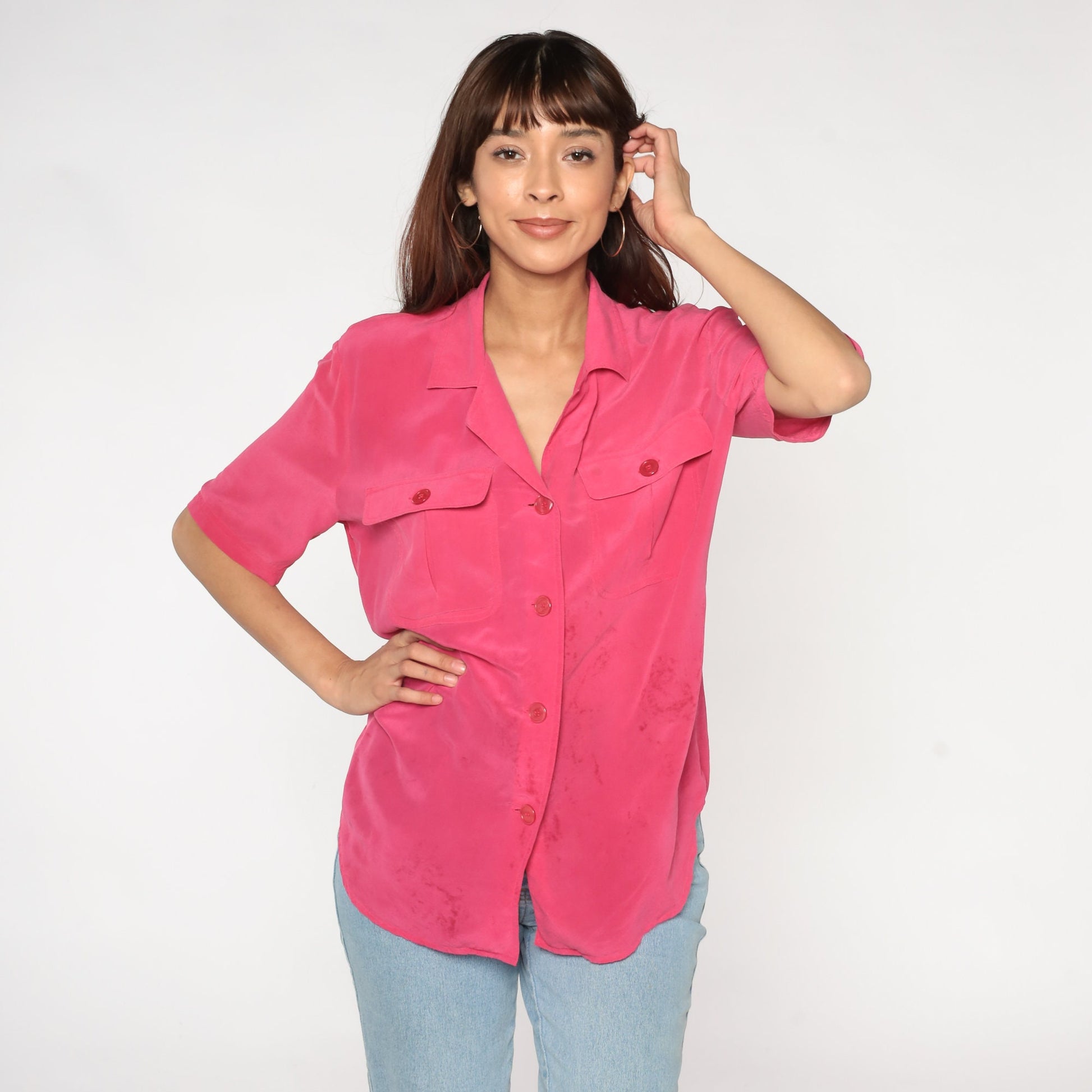 00s Pink Silk Button-Up Blouse Short Sleeve Chest Pocket Large