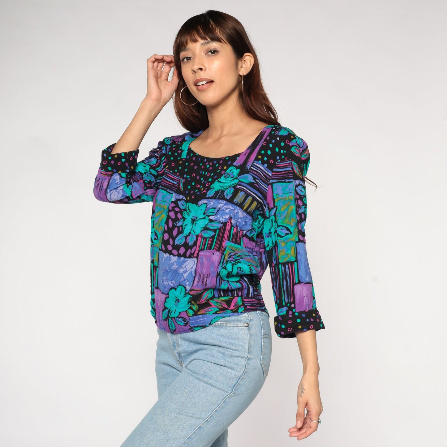 90s Patchwork Floral Polka Dot Blouse Cuffed Sleeve Black Purple Turquoise Medium