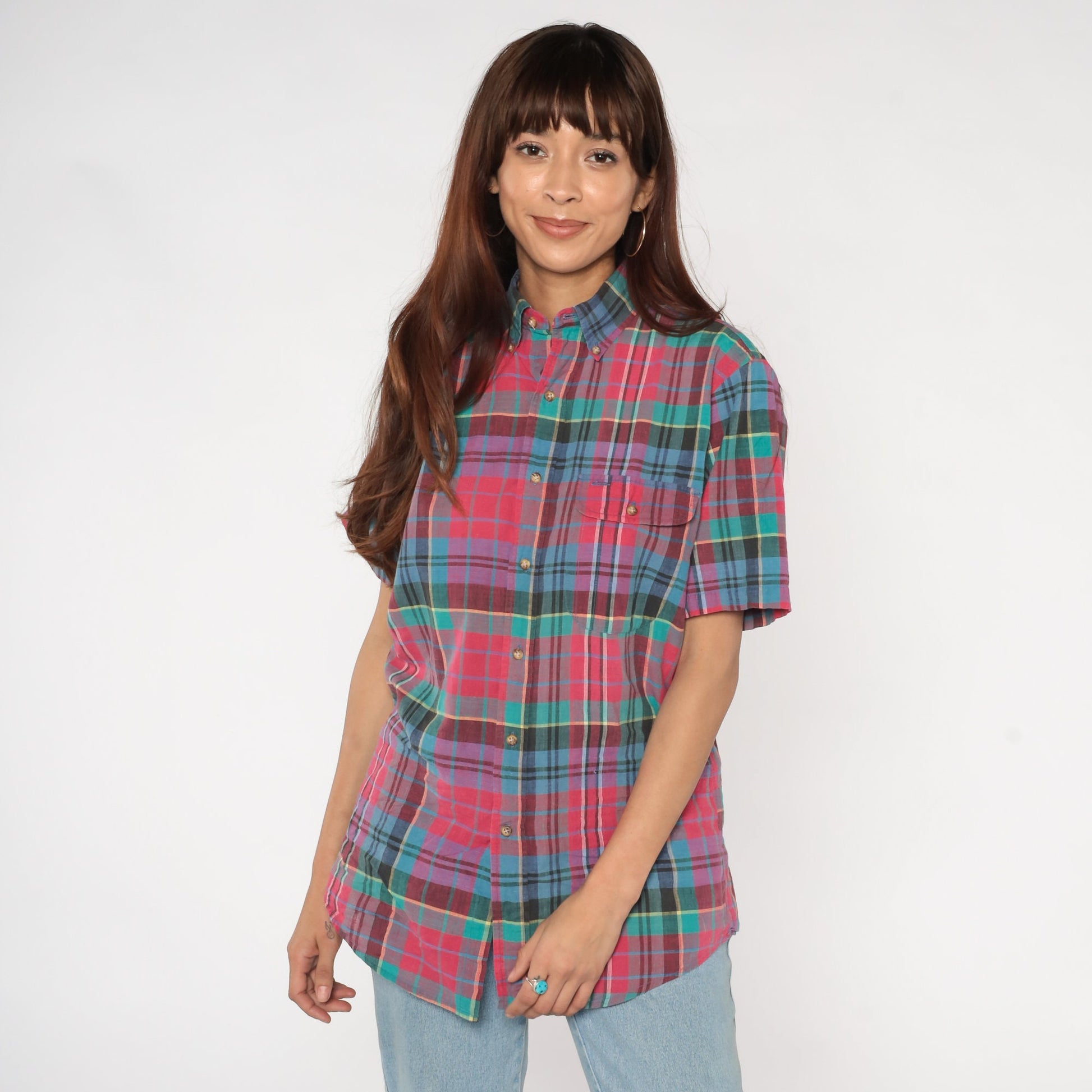 90s Plaid Button-Up Shirt Pink Blue Green Checkered Cotton Medium M