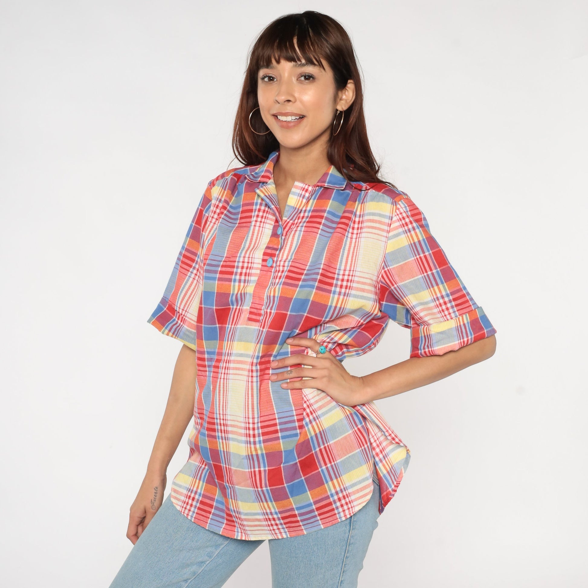 80s Plaid Cotton Blouse Short Sleeve Button-Up Shirt Red Blue Yellow Large L