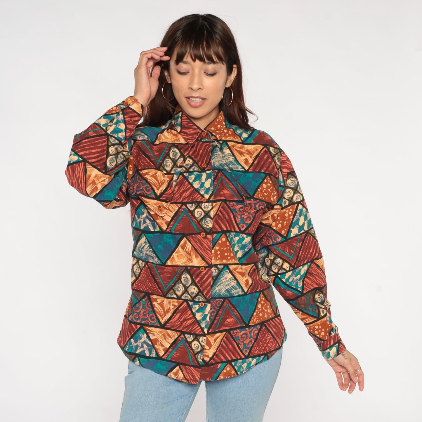 90s Roper Triangle Print Western Button Up Shirt Cotton Large