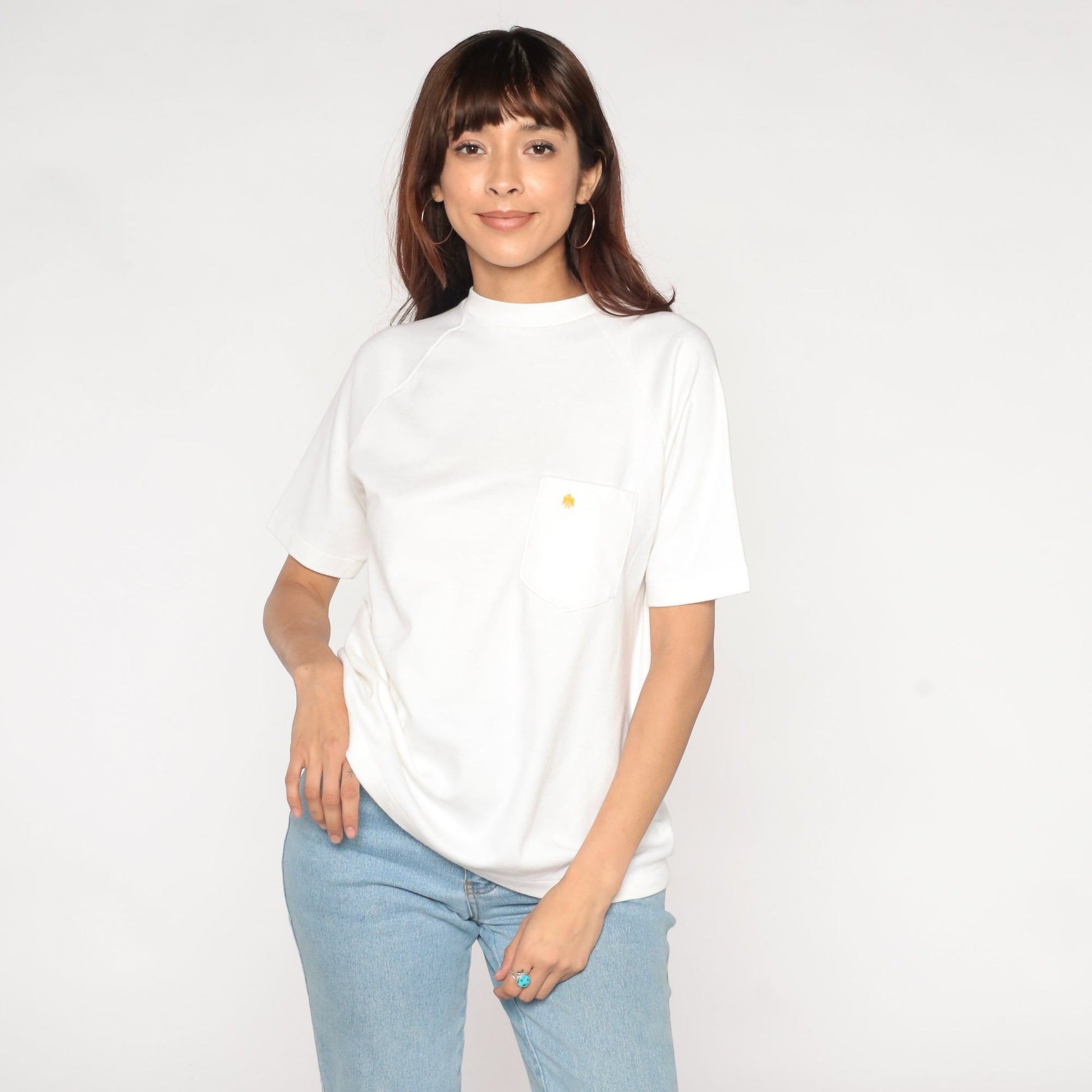80s White Raglan Sleeve T-Shirt Embroidered Eagle Chest Pocket Cotton Medium