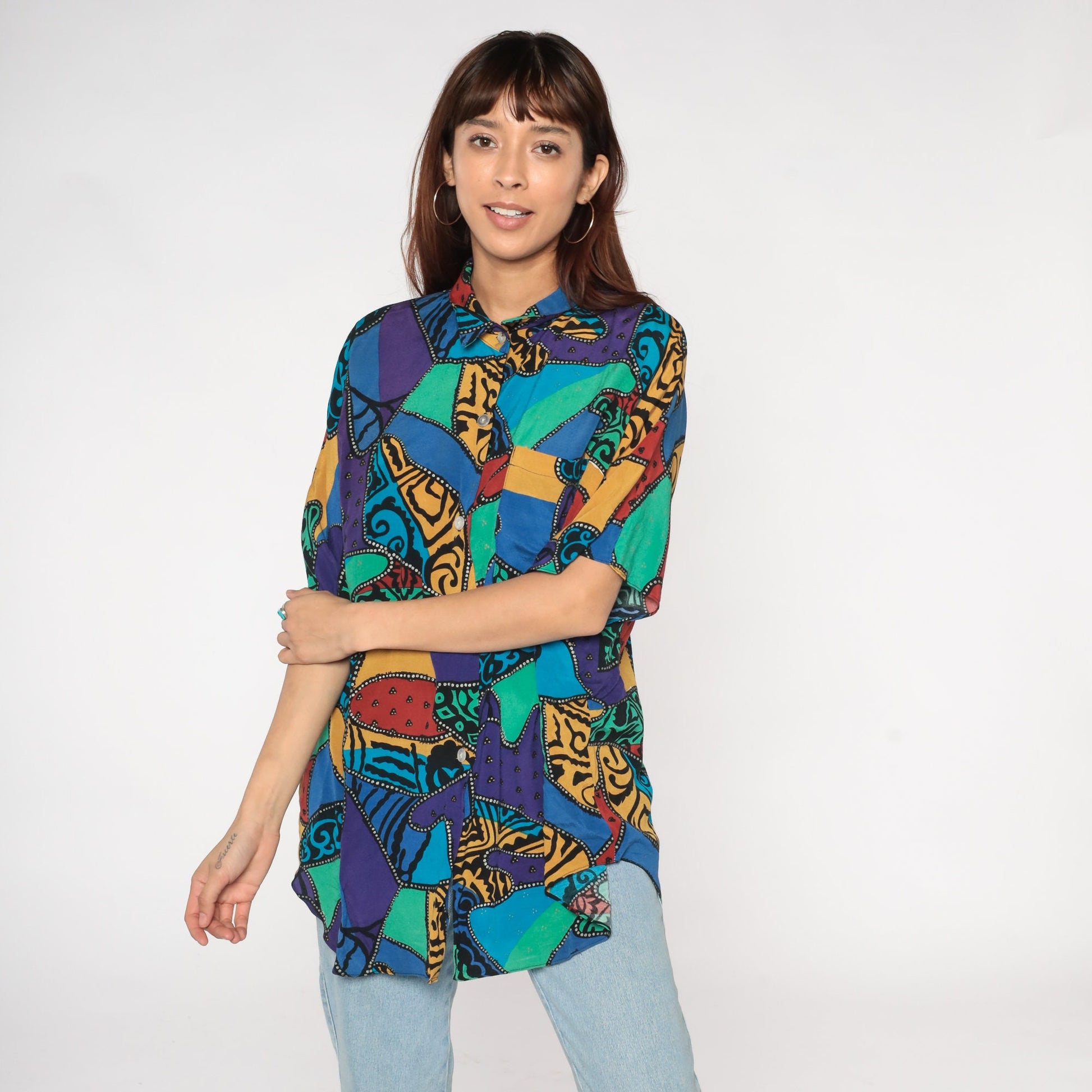 90s Abstract Patchwork Button-Up Blouse Psychedelic Print Extra Large