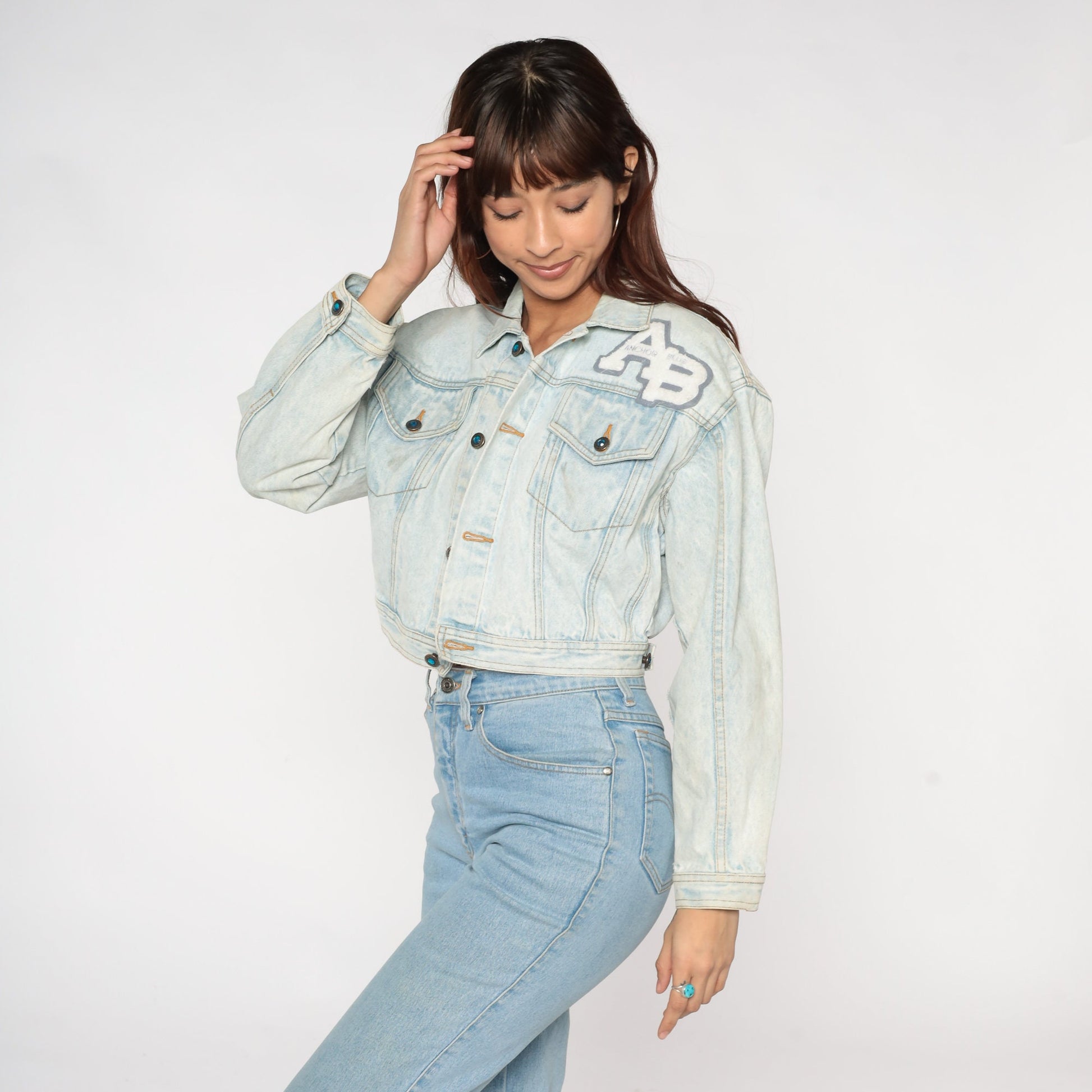 90s Anchor Blue Stone Wash Denim Jacket Cropped Button Up Extra Small