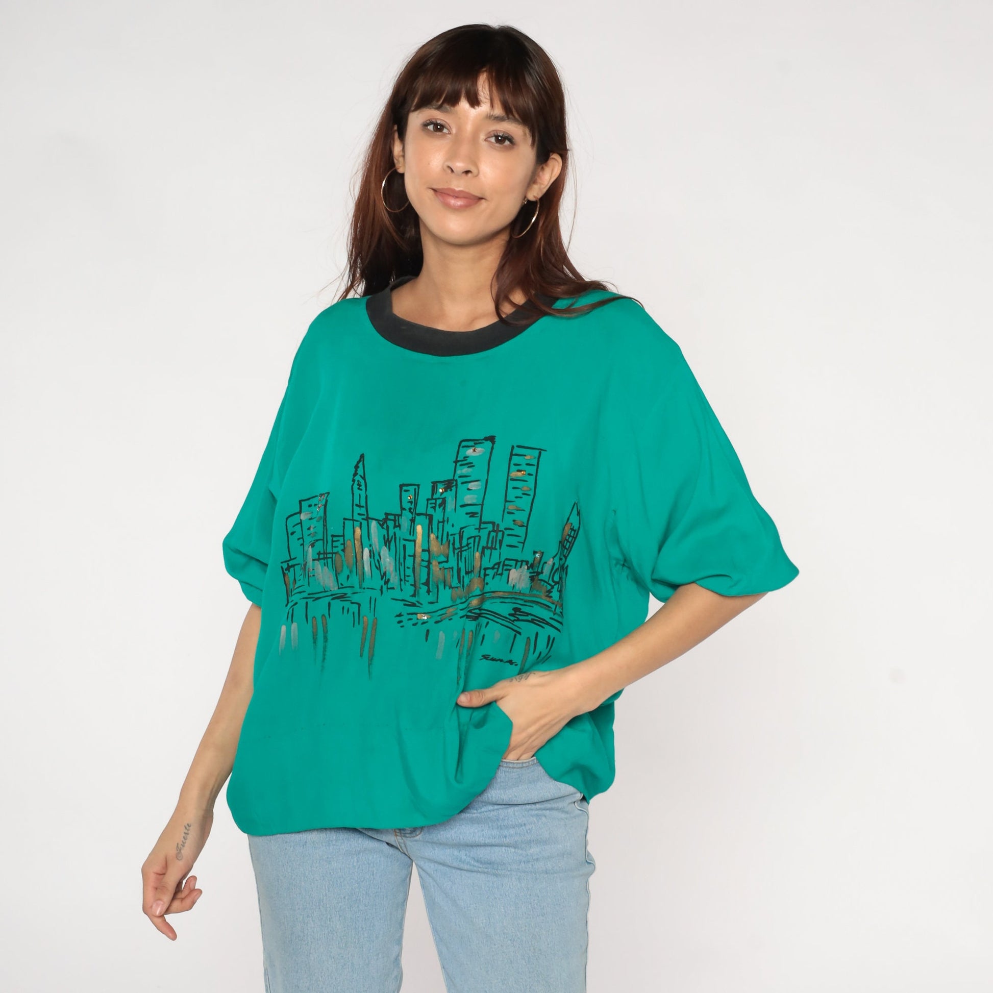80s City Skyline Rhinestone Blouse Green Semi-Sheer Ringer Trim Medium