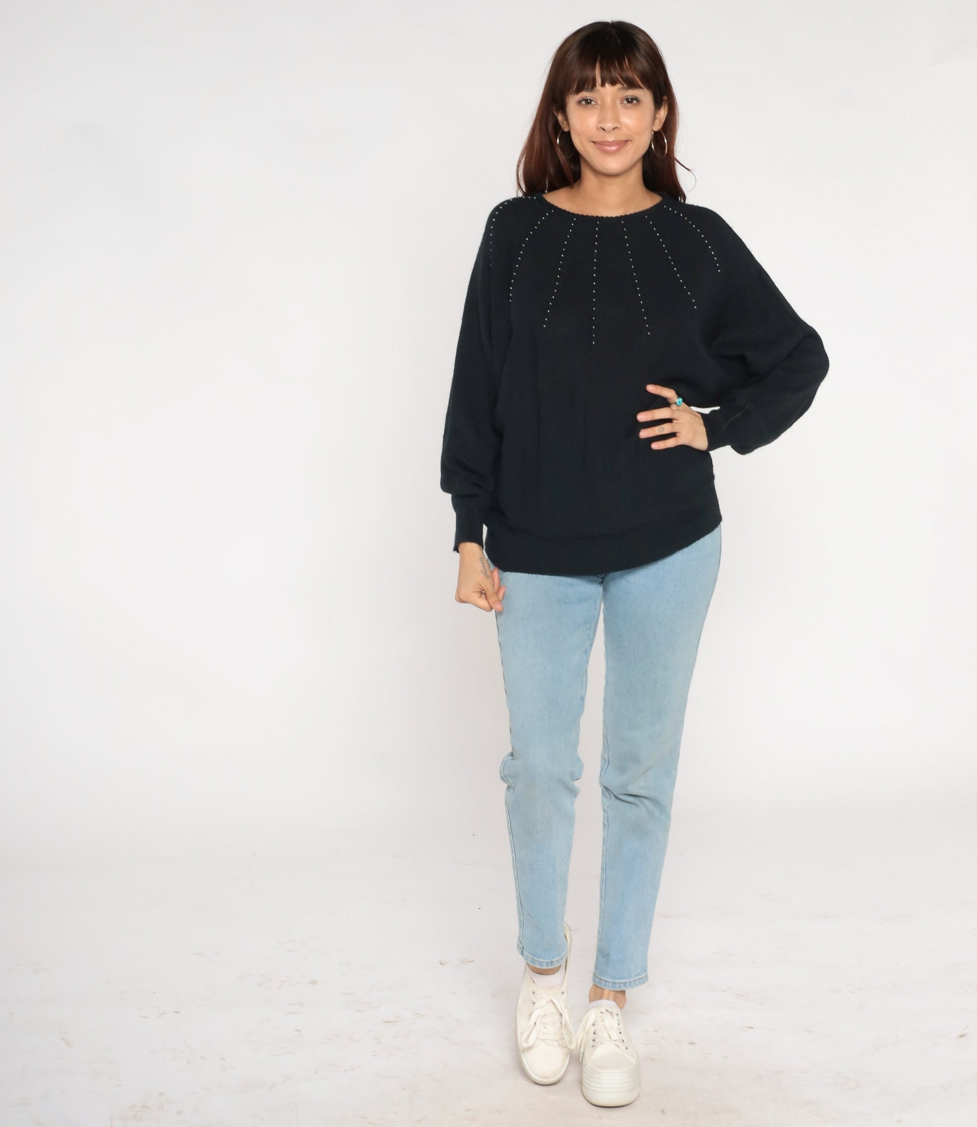 80s Black Beaded Knit Sweater Batwing Dolman Sleeve Pullover Small Medium
