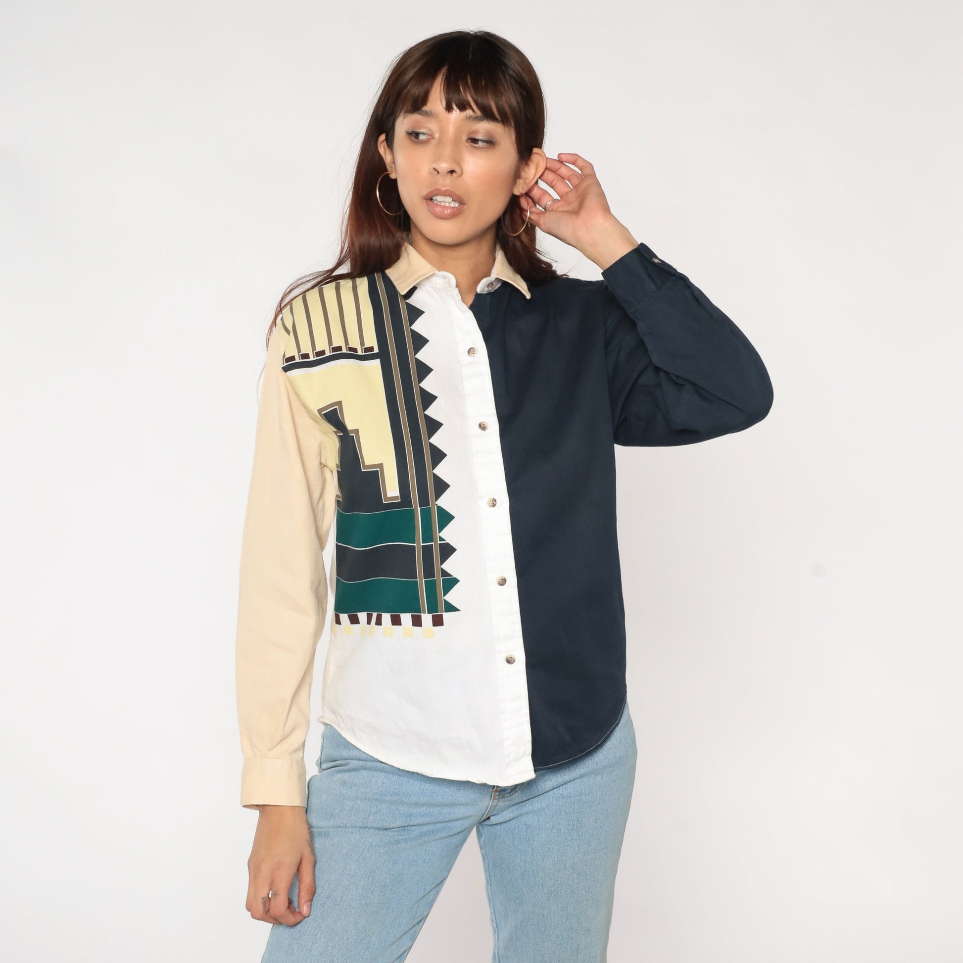 90s Western Blouse Color Block Geometric Print Button Up Medium