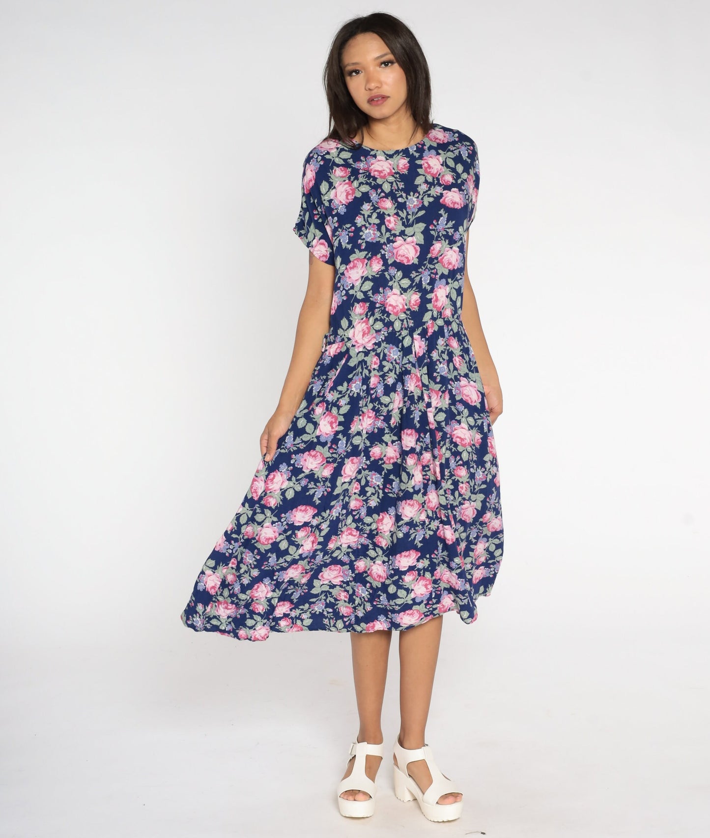 90s Paquette Too Floral Midi Dress Blue Rose Print Low Waist Medium