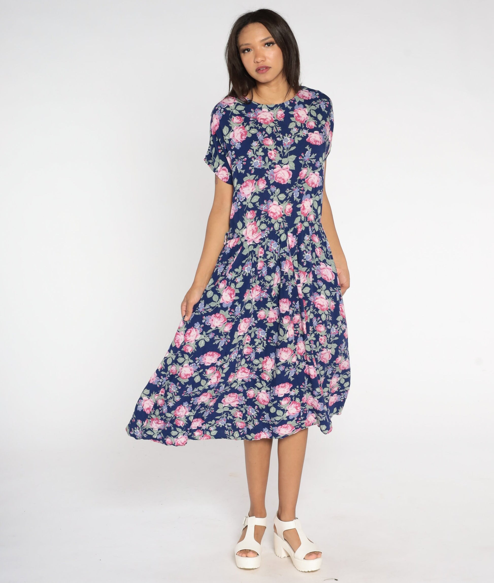 90s Paquette Too Floral Midi Dress Blue Rose Print Low Waist Medium