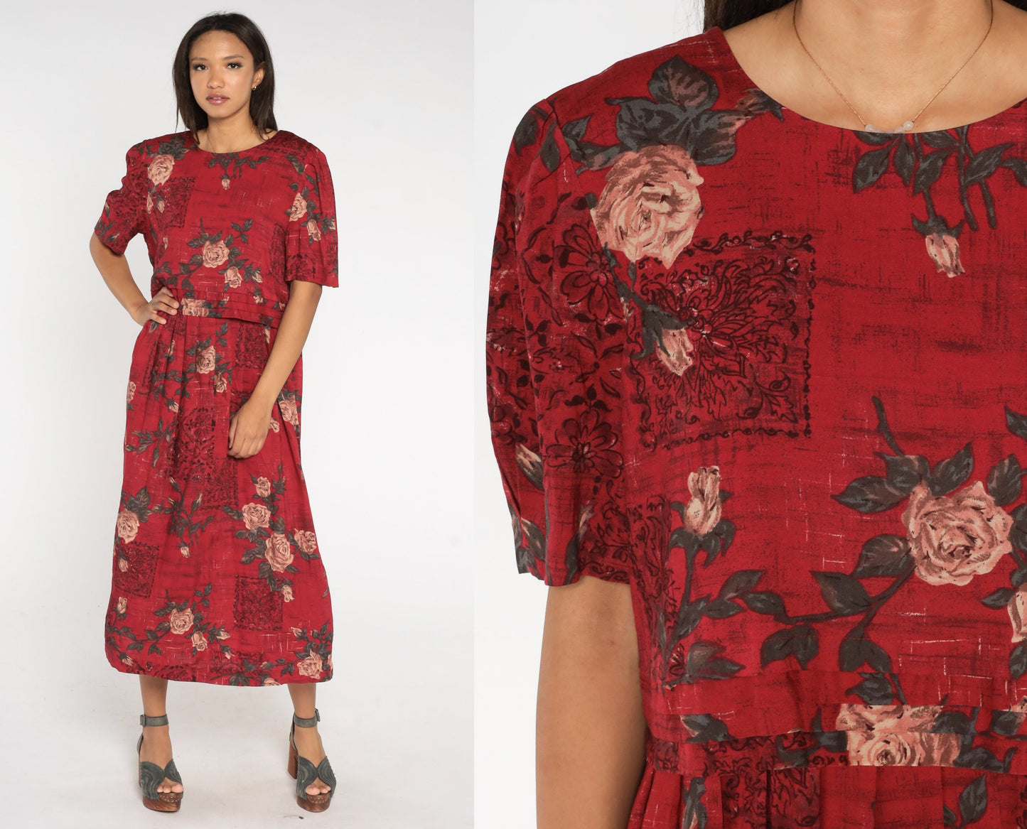 90s Dark Red Floral Rayon Maxi Dress Short Sleeve Rose Print Large