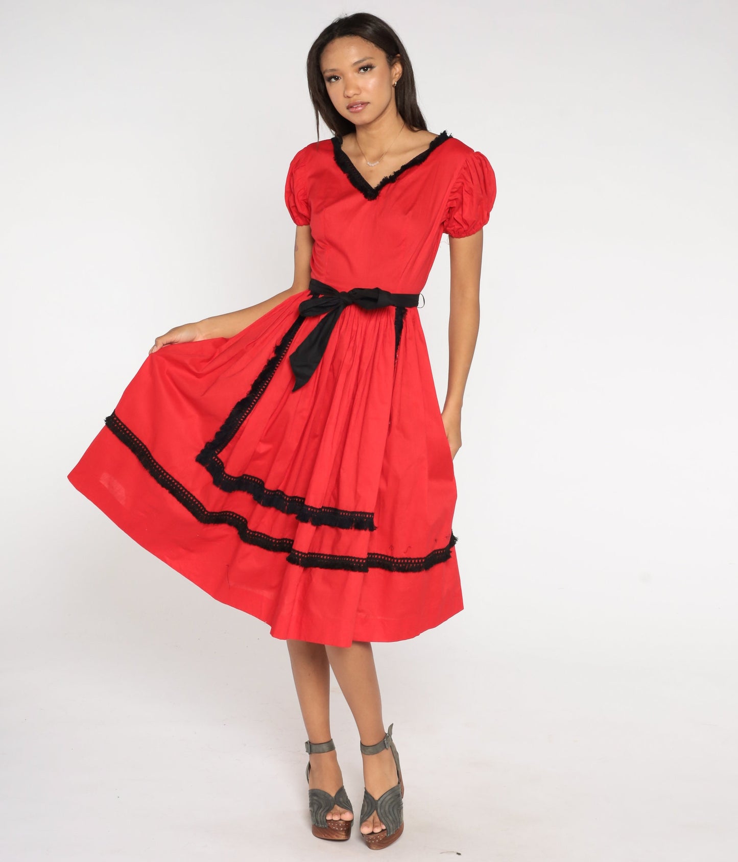 1960s Red Puff Sleeve Midi Dress Black Fringe High Waist Extra Small