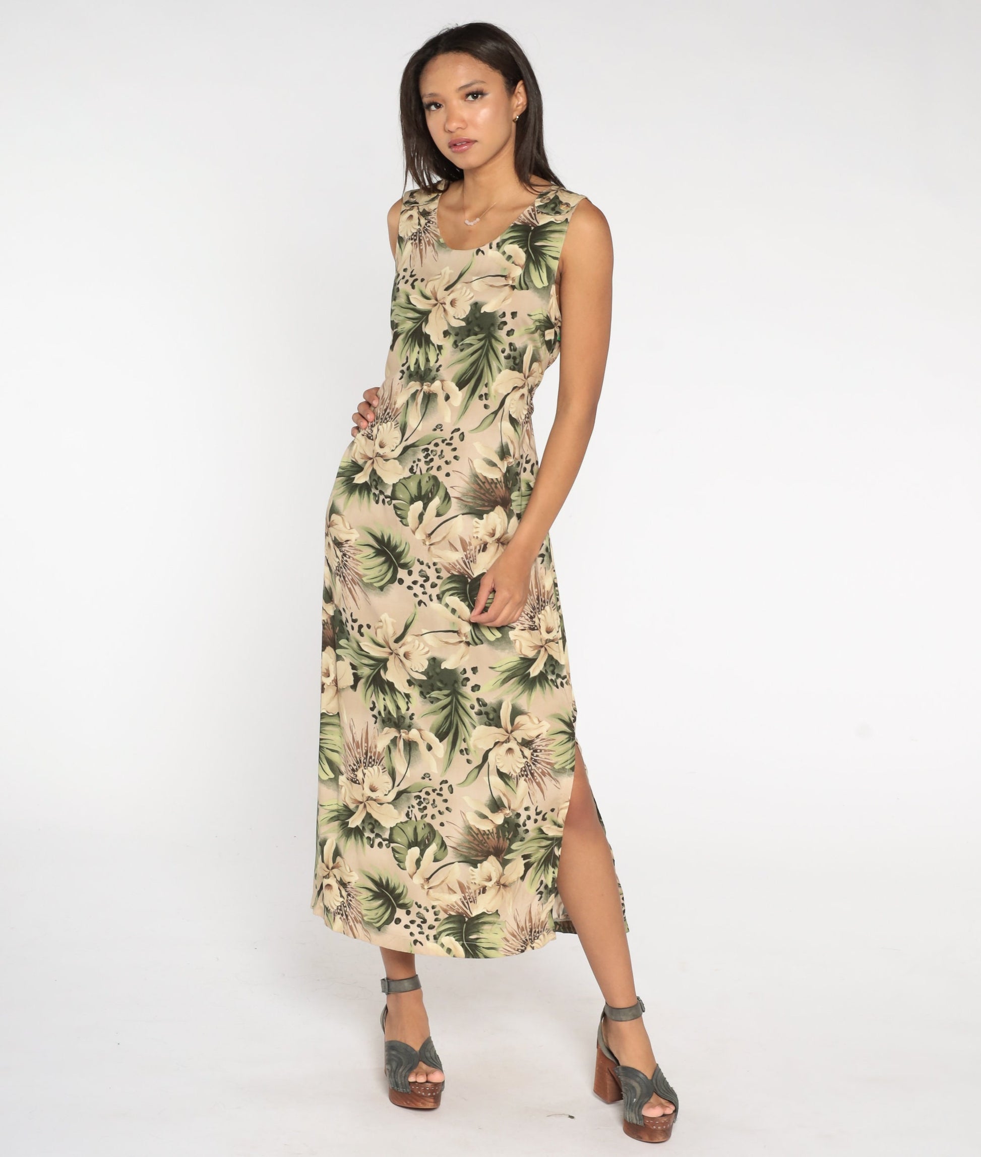 90s Tropical Floral Leopard Print Maxi Dress Taupe Sleeveless Ankle Length Large