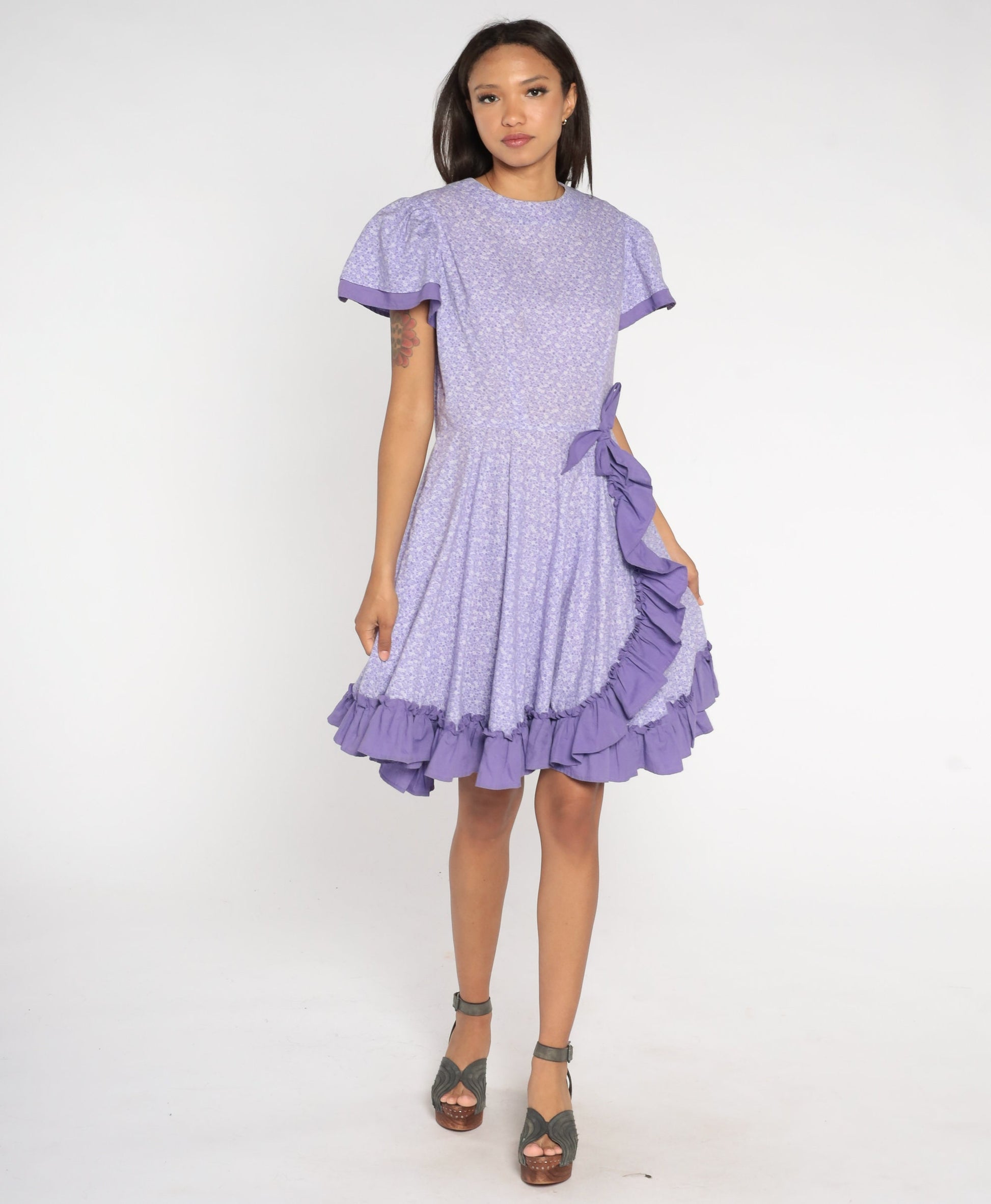 80s Purple Calico Floral High-Waist Midi Dress Puff Sleeve Medium