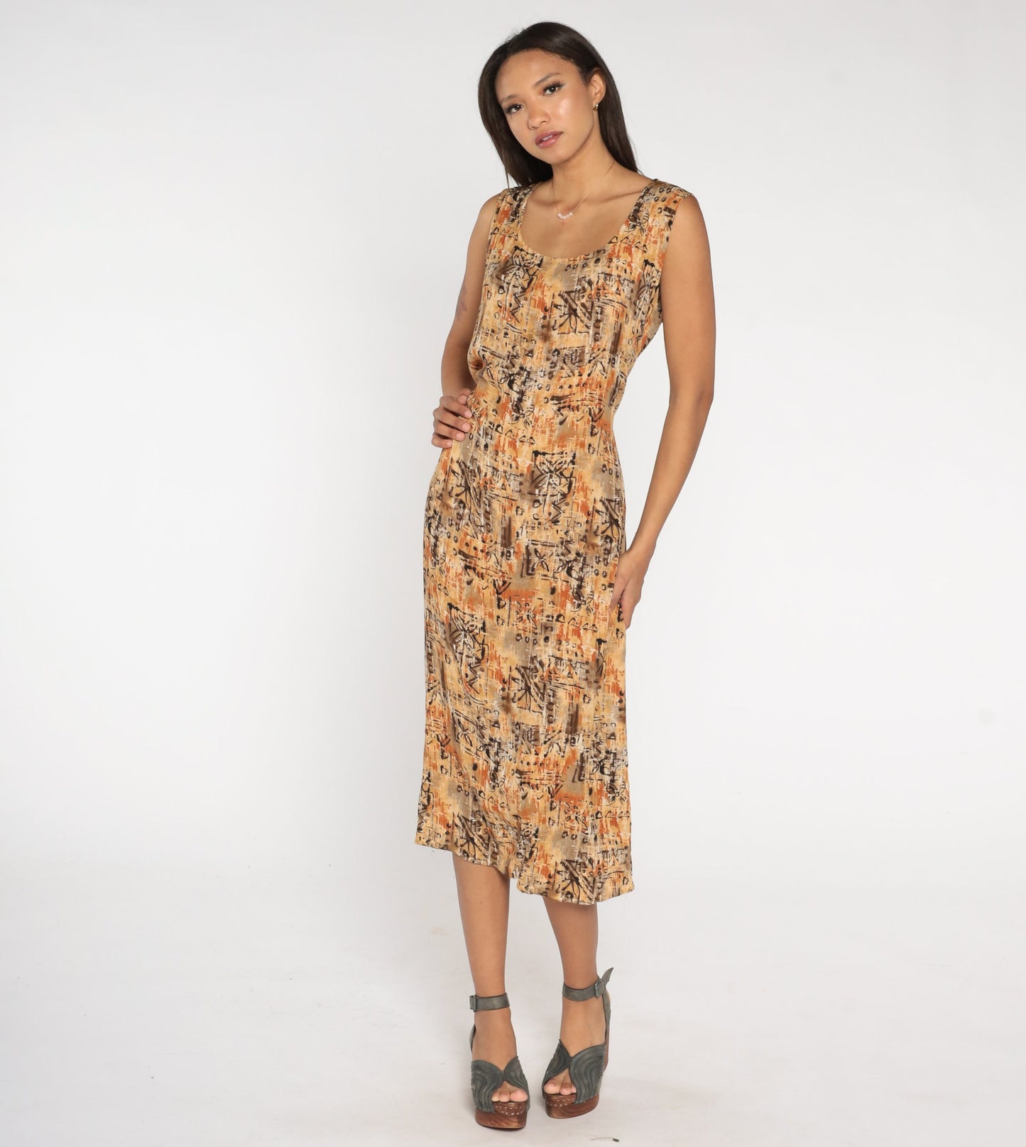 90s Notations Floral Midi Dress Geometric Print Tan Brown Orange Petite Large