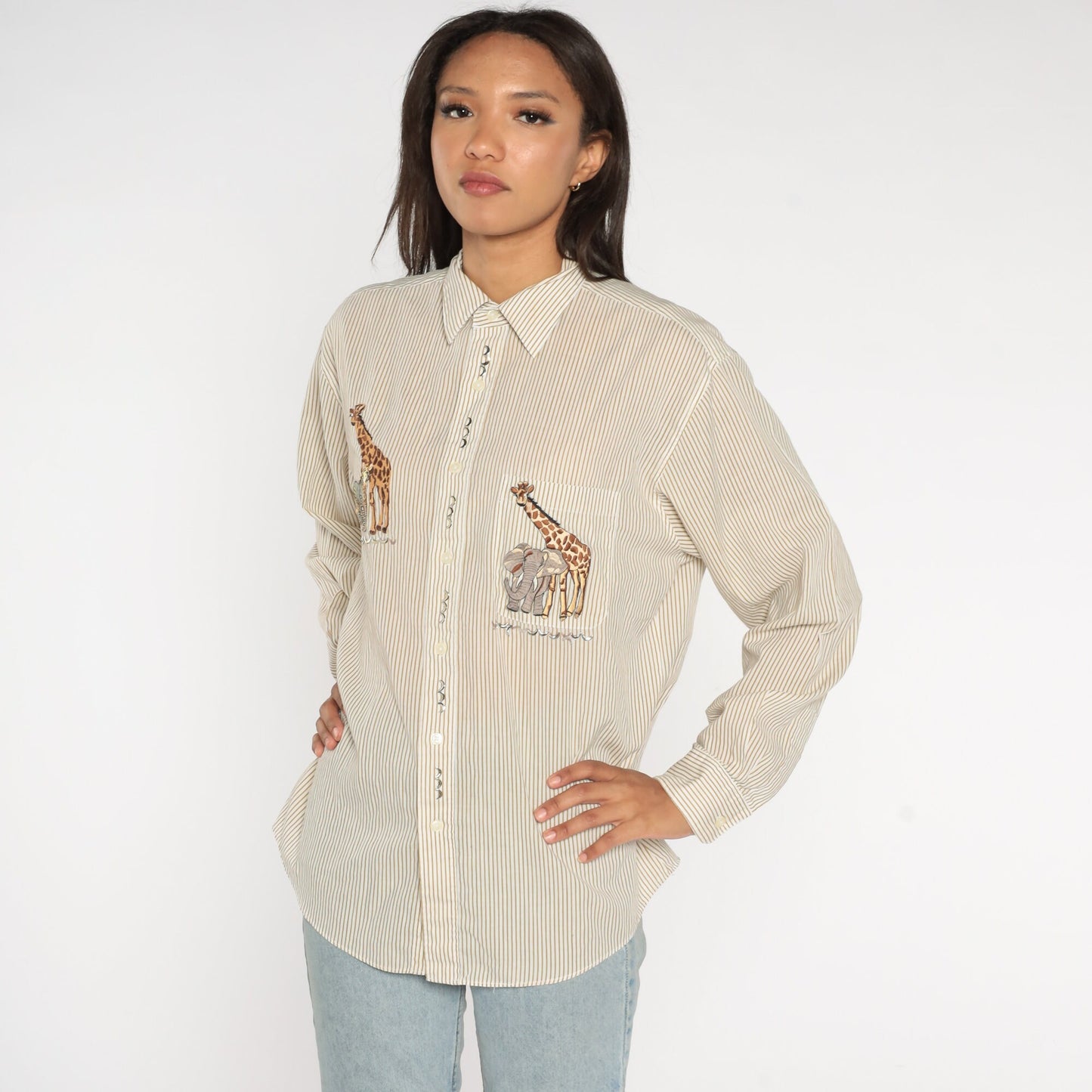 90s Safari Animal Shirt Giraffe Elephant Zebra Button Up Studs Medium