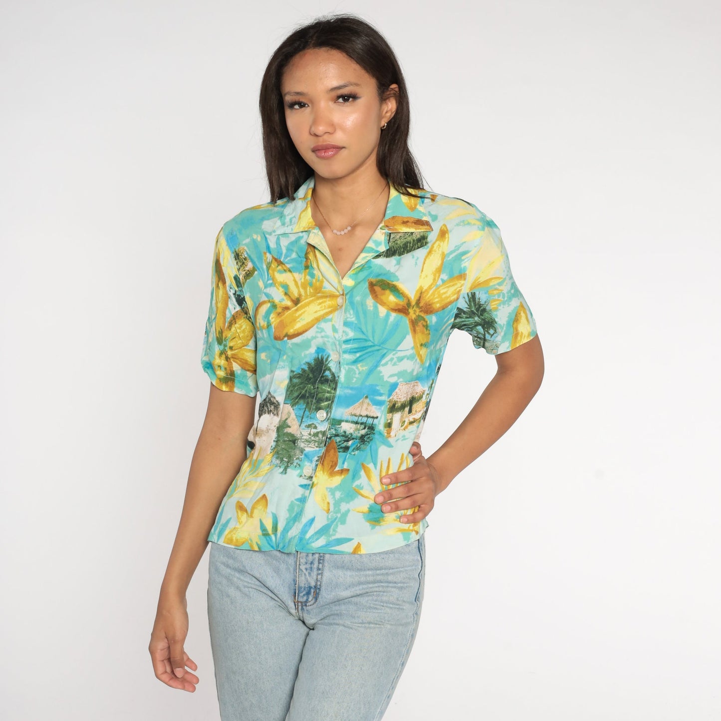 Y2K Hawaiian Floral Button-Up Shirt Blue Tropical Cabana Print Small
