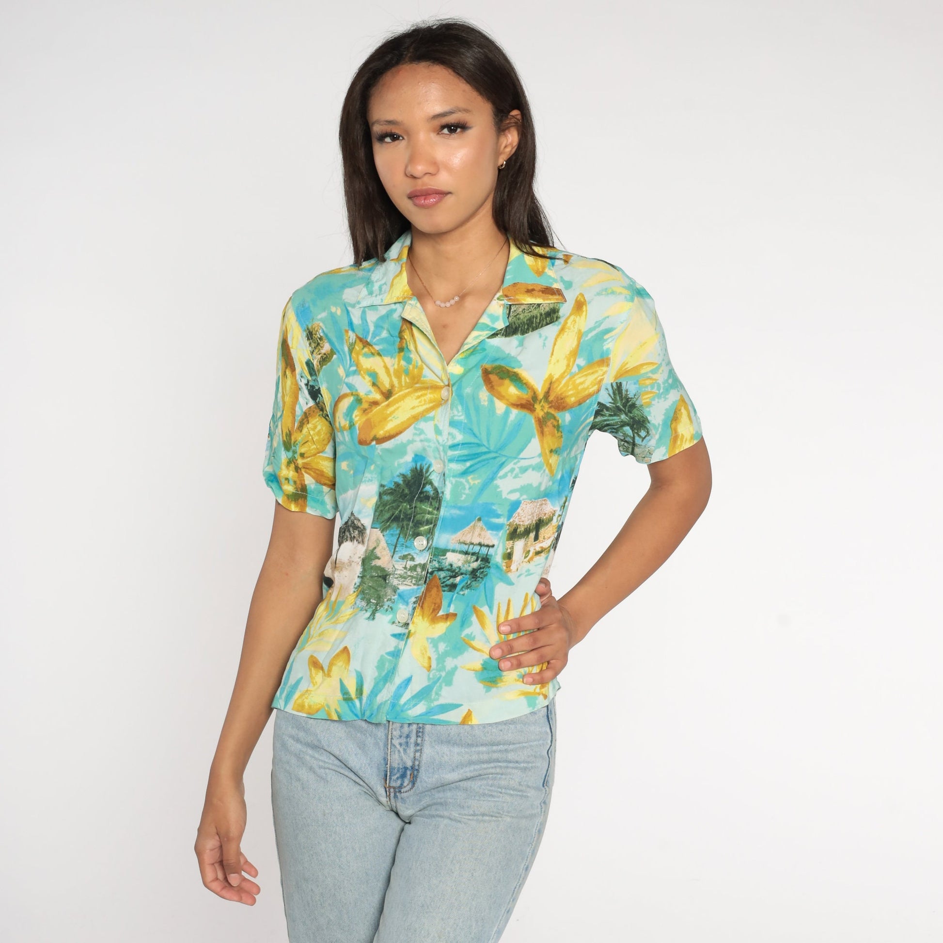 Y2K Hawaiian Floral Button-Up Shirt Blue Tropical Cabana Print Small