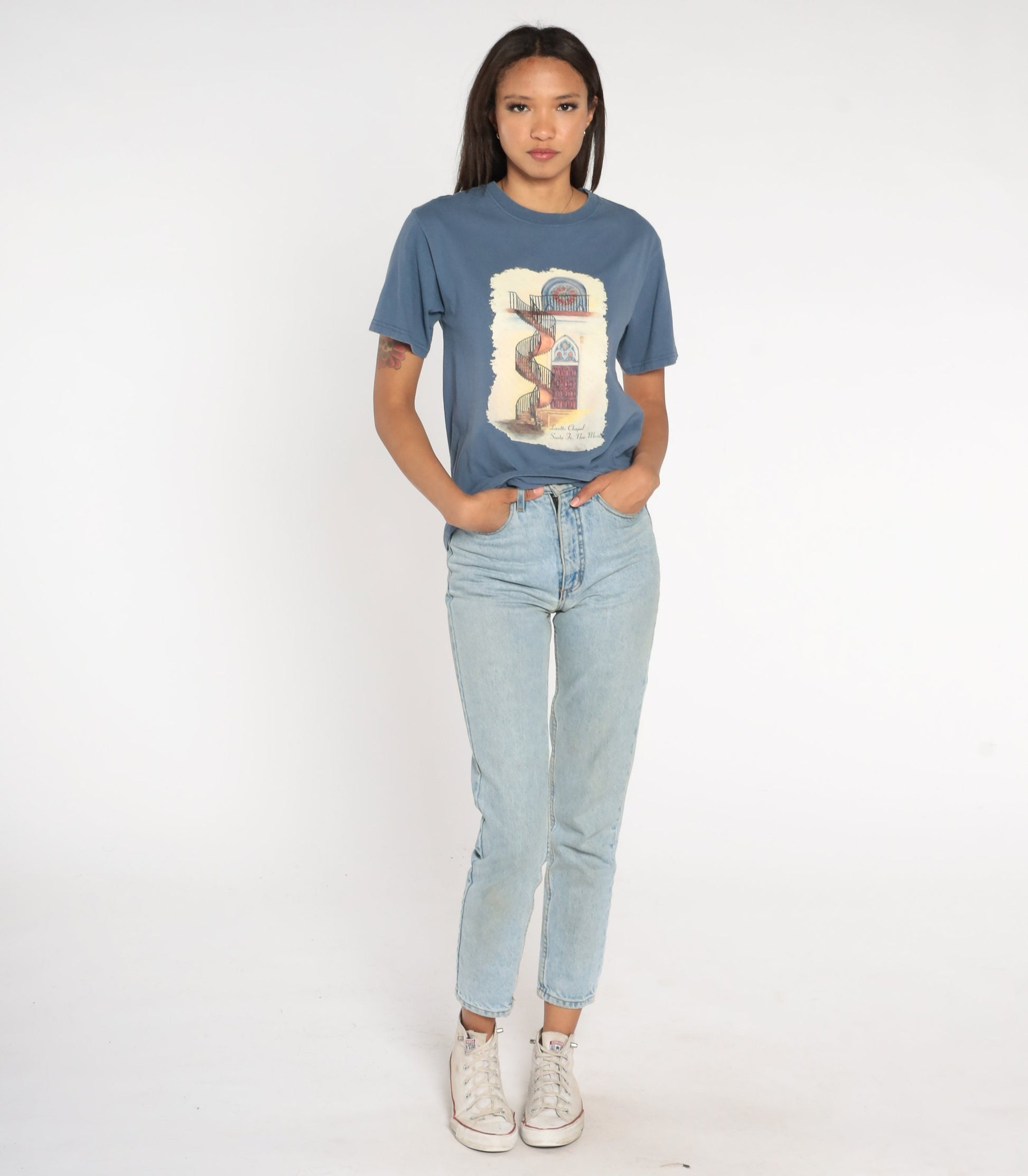 90s Loretto Chapel Santa Fe New Mexico Graphic T-Shirt Blue Small