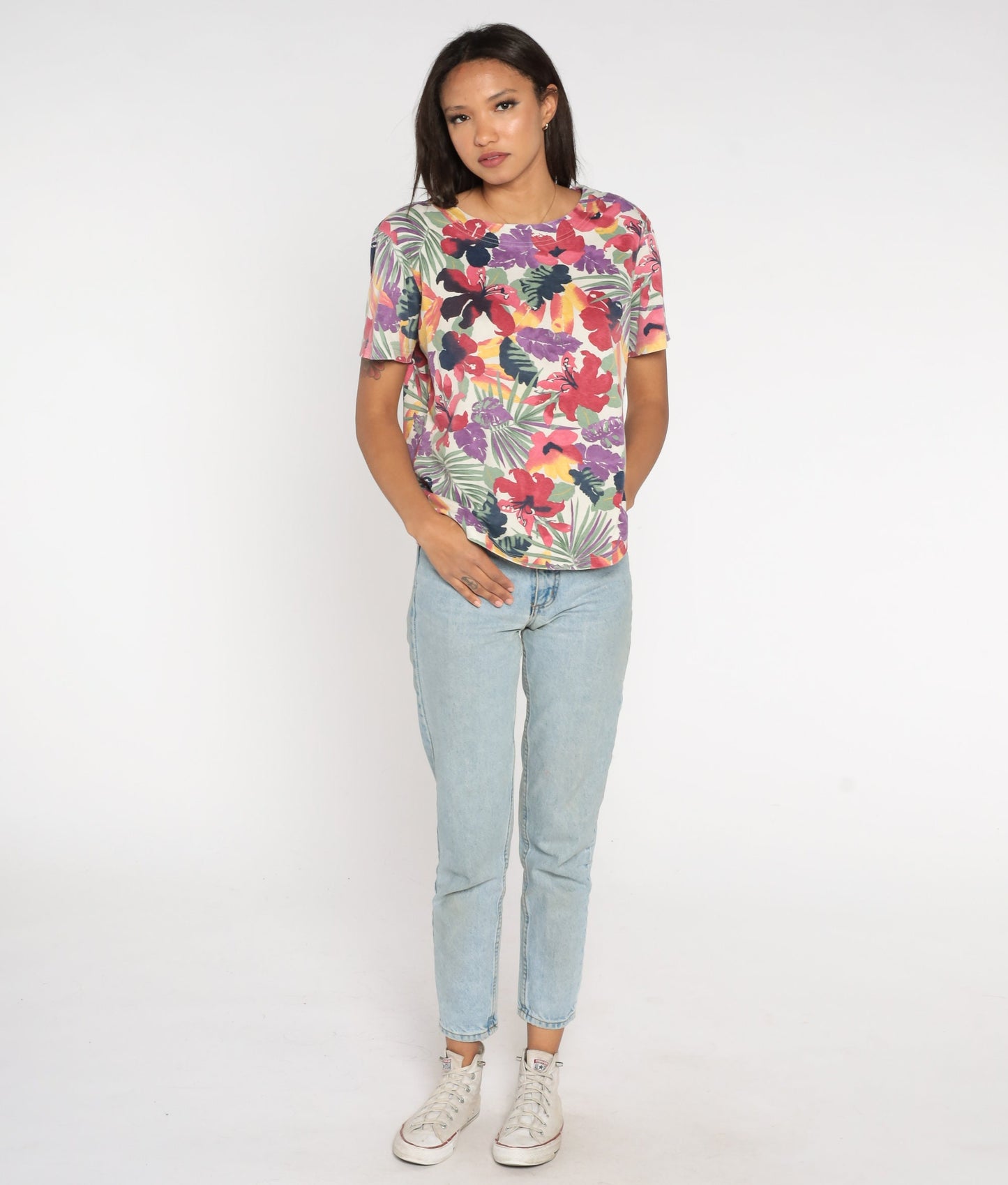 90s Jaclyn Smith Tropical Floral Blouse Off-White Multicolor Print Medium