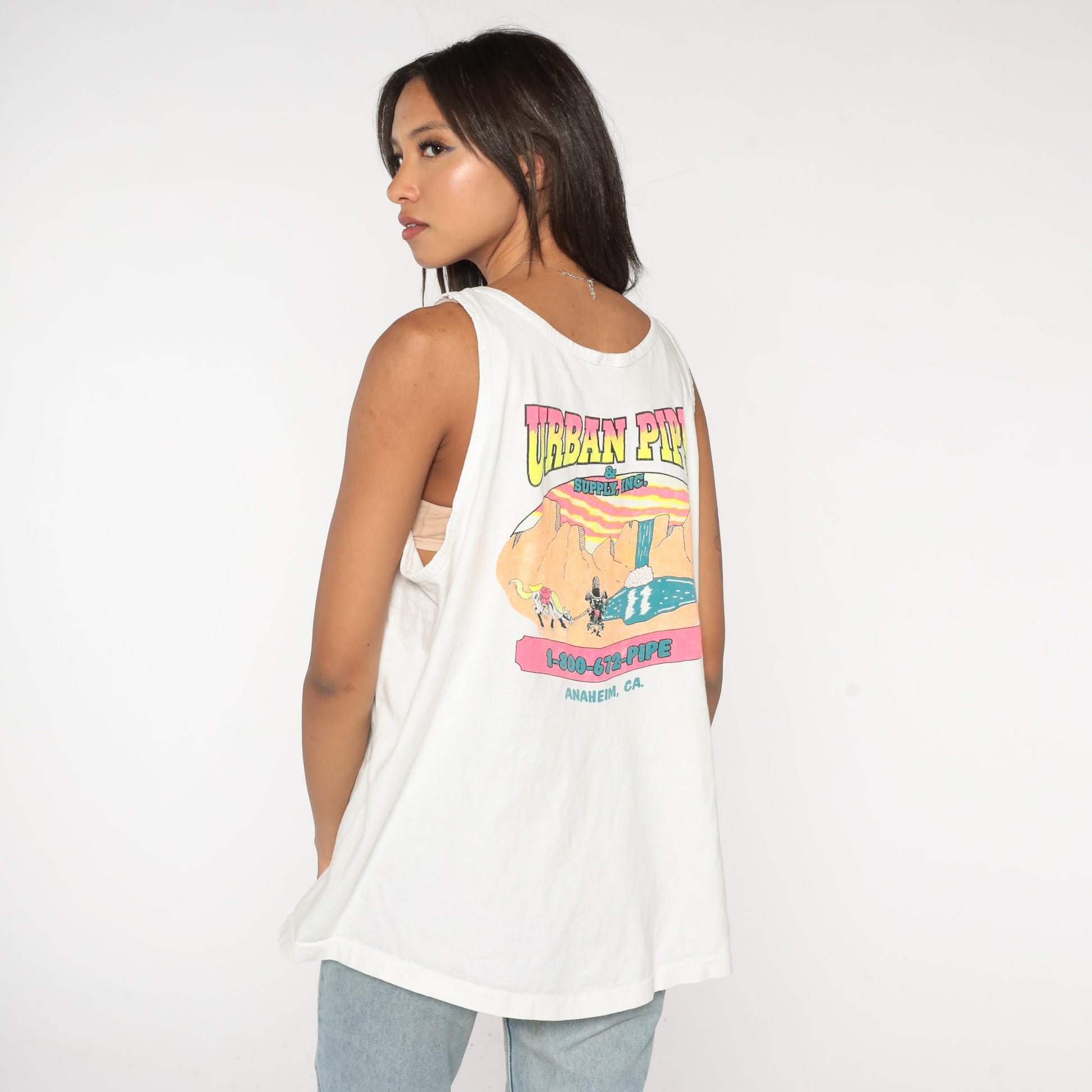 90s Urban Pipe & Supply Graphic Tank Top White Cotton Extra Large