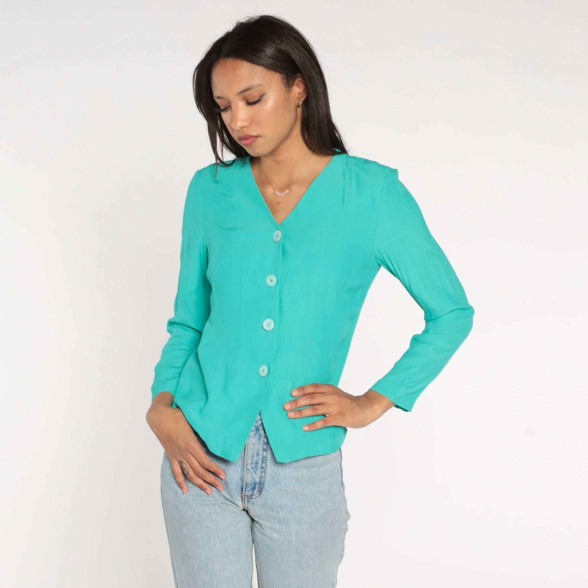 80s Turquoise Button-Up Blouse V-Neck Long Sleeve Shirt Small S