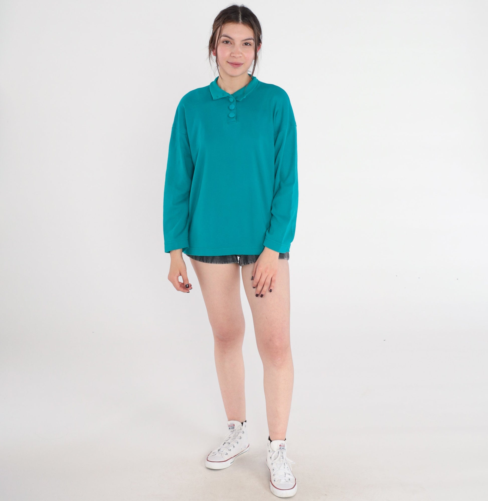 90s Teal Green Collared Long Sleeve Polo Shirt Medium M