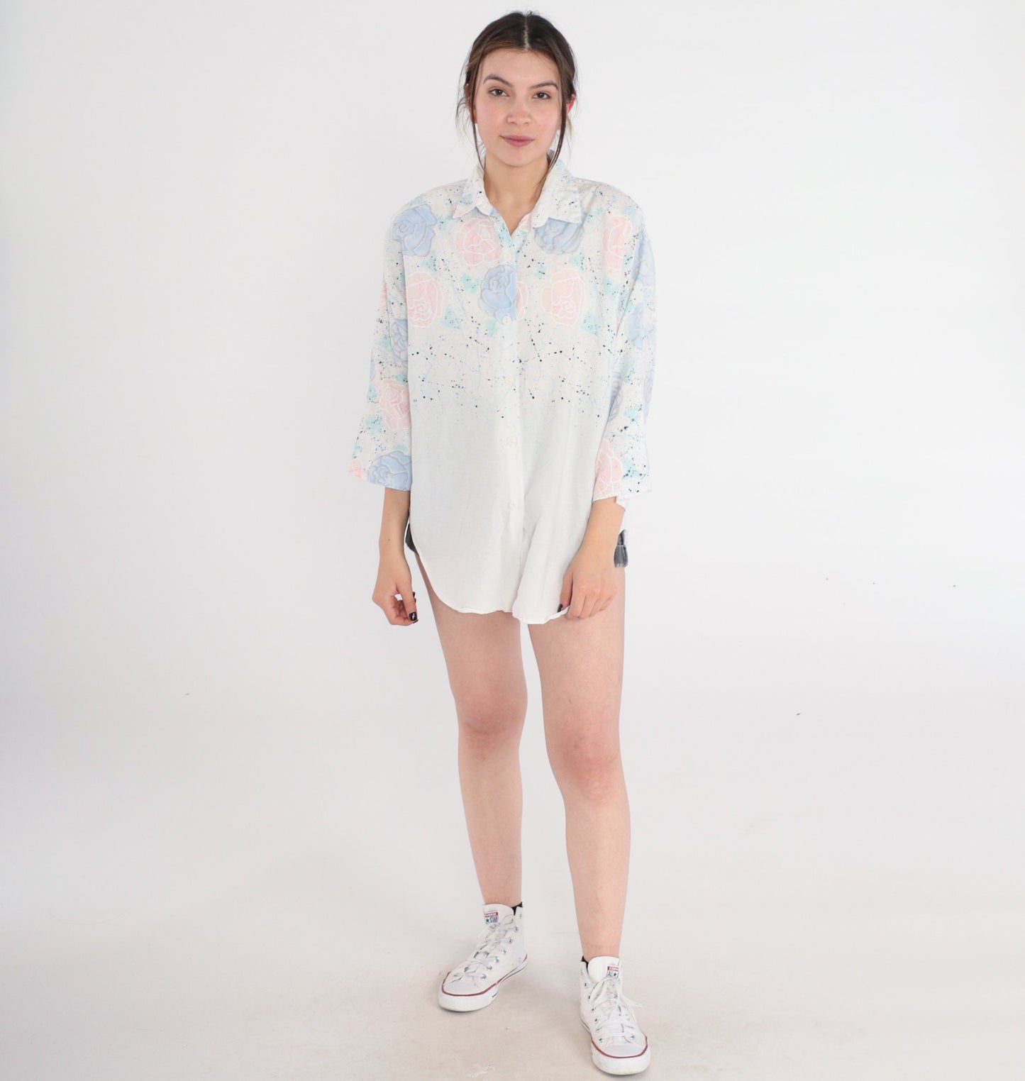90s Maggie Sweet Floral Button Up Blouse White Glitter Rose Print Large