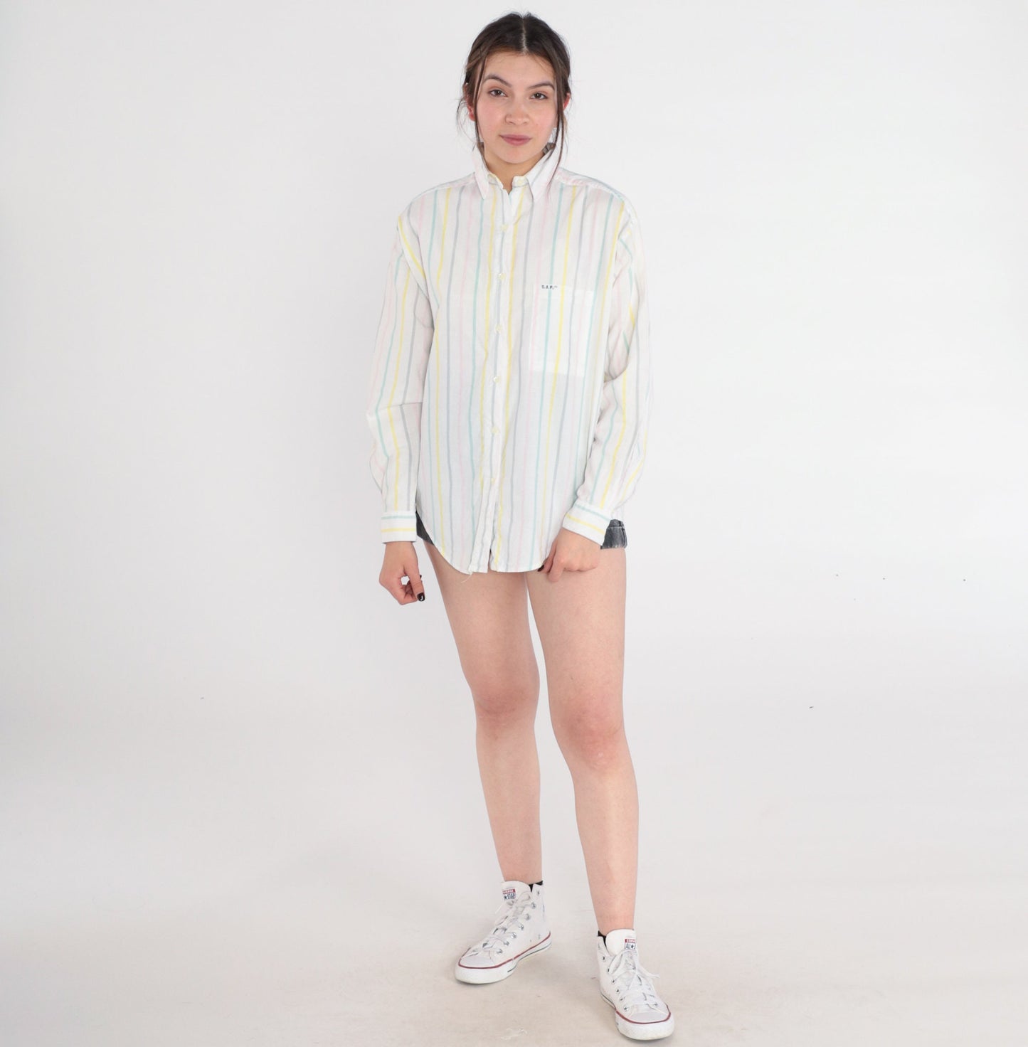 90s C.I.F Pastel Striped Cotton Button-Up Blouse White Long Sleeve Medium