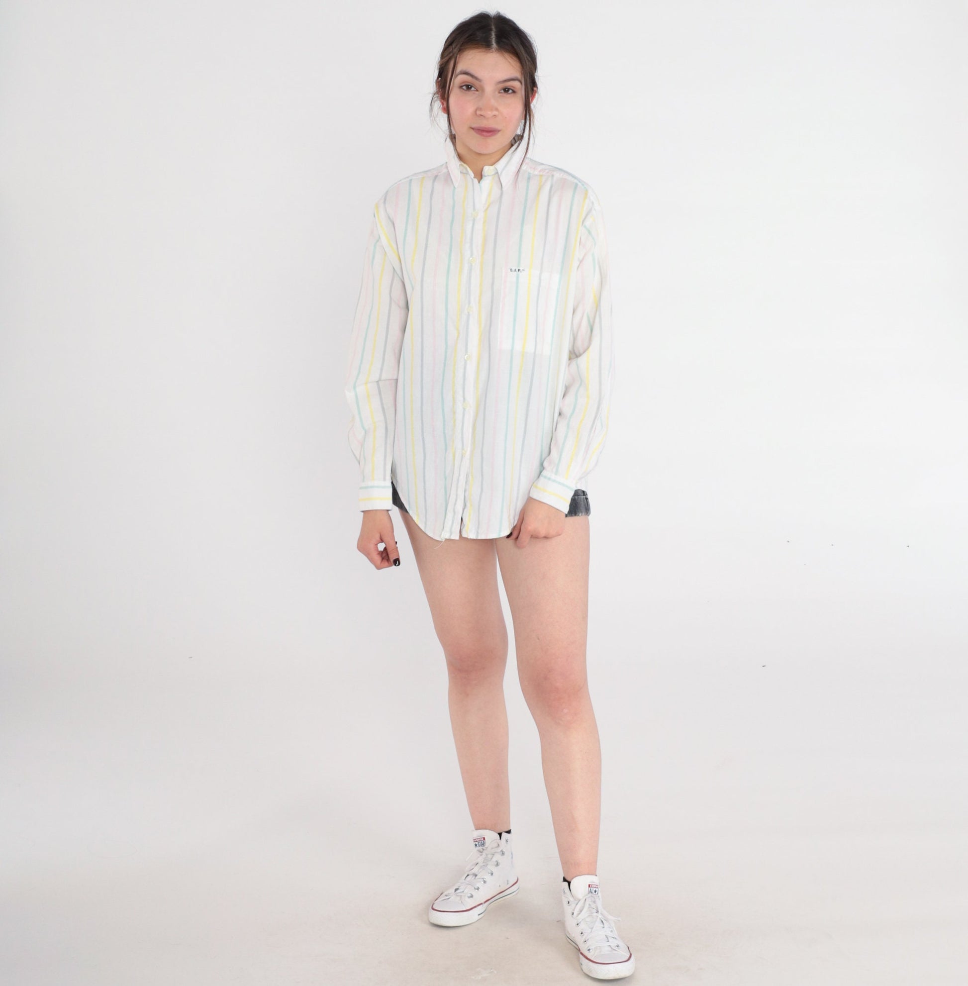 90s C.I.F Pastel Striped Cotton Button-Up Blouse White Long Sleeve Medium