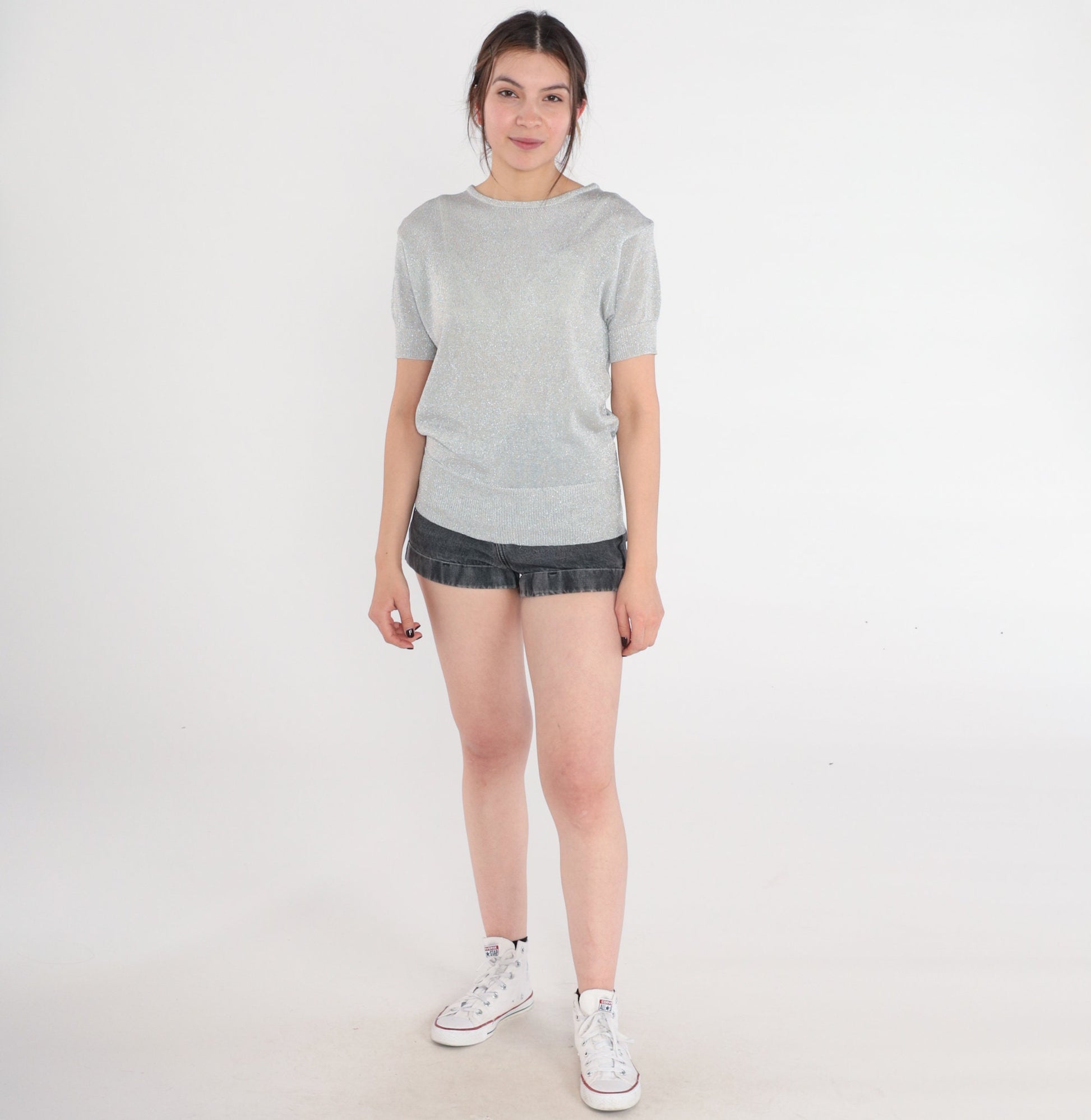 80s Silver Metallic Knit Top Short Sleeve Sweater Small S