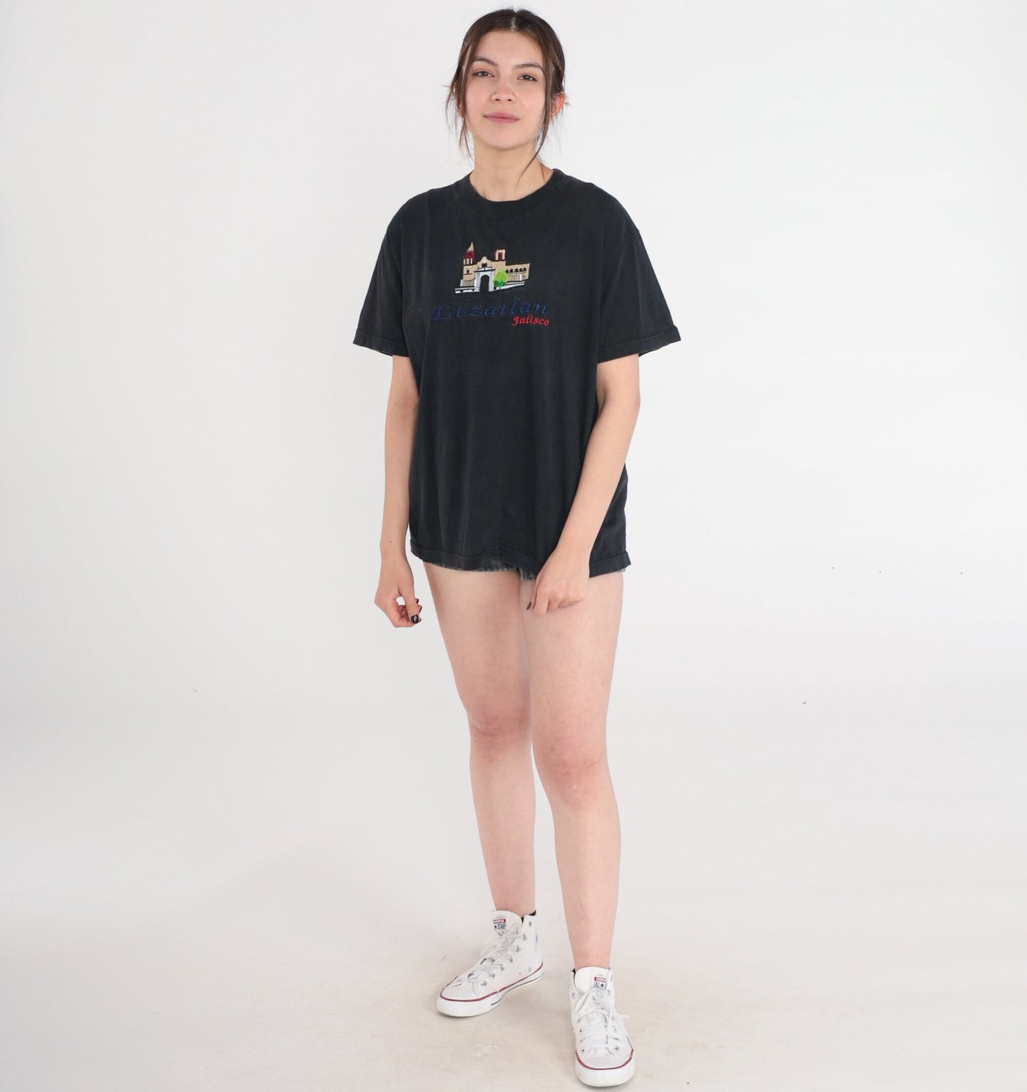 90s Etzatlan Jalisco Mexico Embroidered T-Shirt Black Parroquia Large