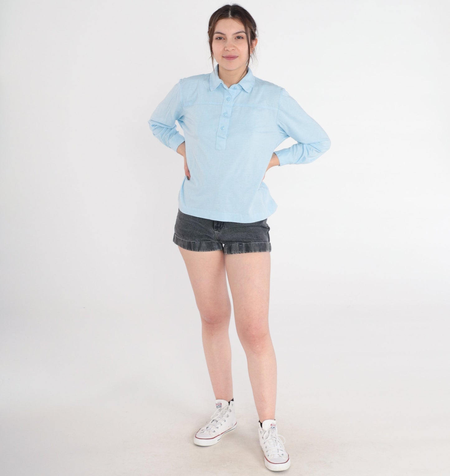 90s Baby Blue Long Sleeve Collared Shirt Cotton Blend Petite Medium