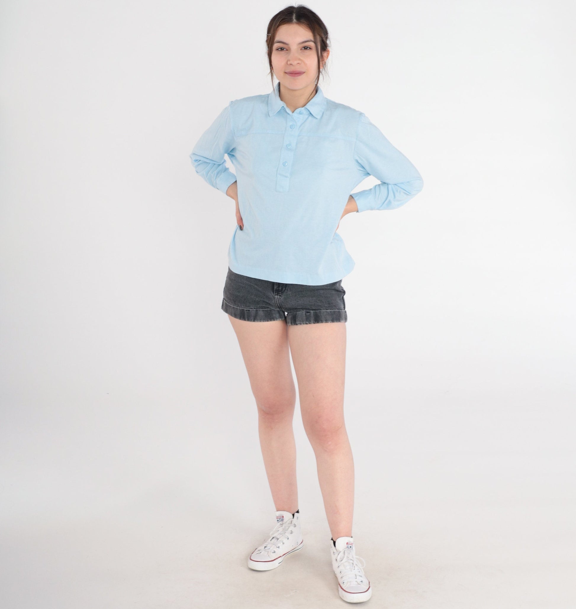90s Baby Blue Long Sleeve Collared Shirt Cotton Blend Petite Medium