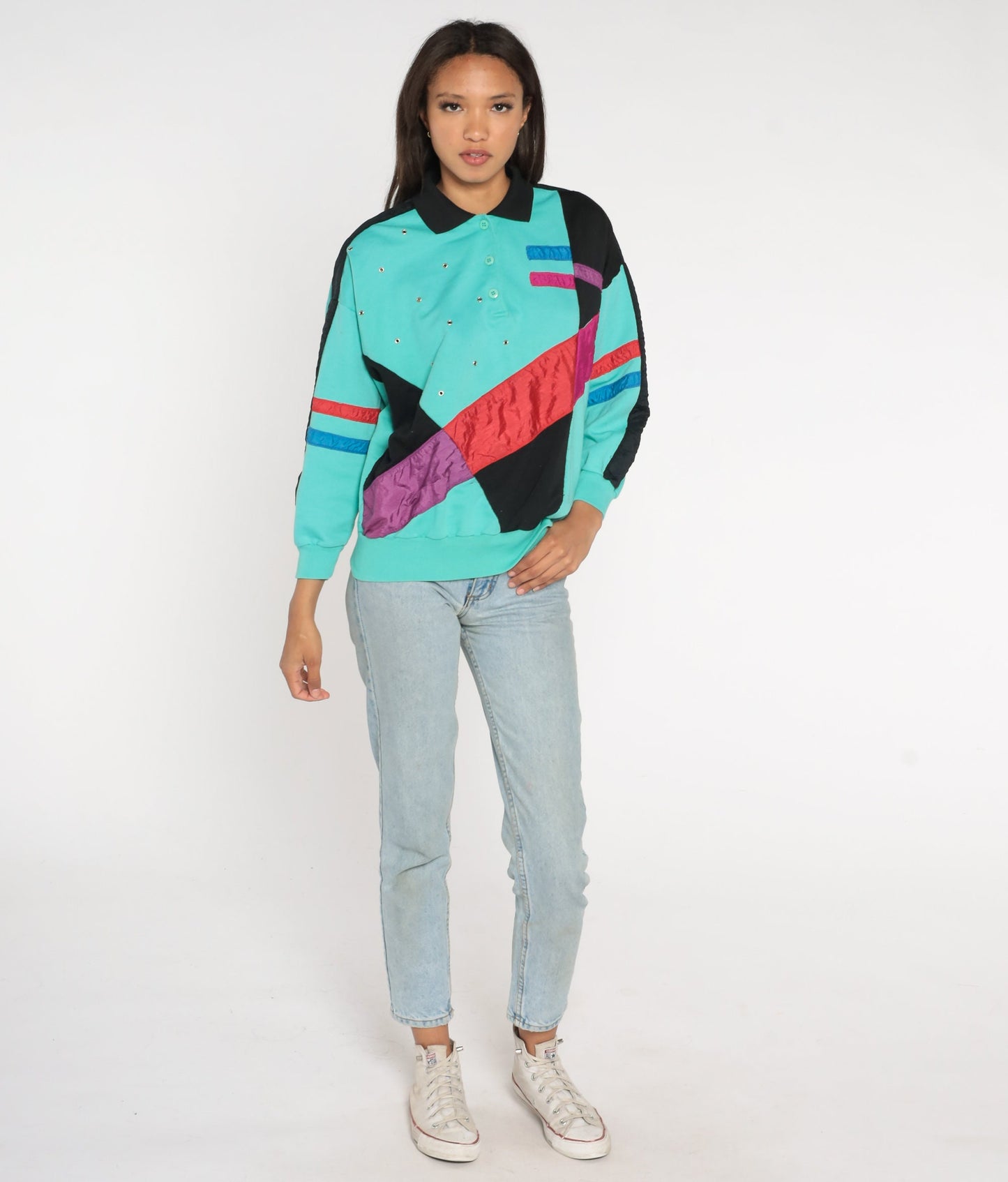 80s Adolfo Sport Color Block Sweatshirt Turquoise Striped Polo Rivets Medium
