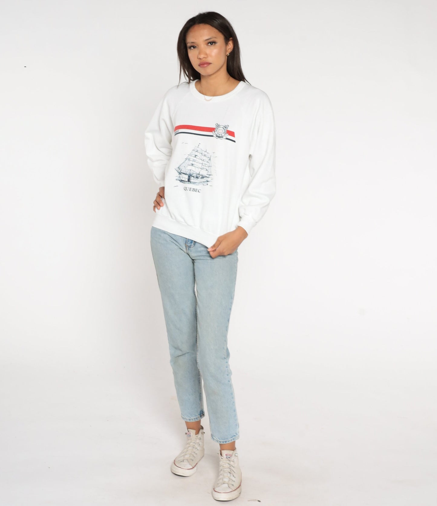 80s US Coast Guard Eagle II Sailboat Raglan Sweatshirt White Nautical Medium