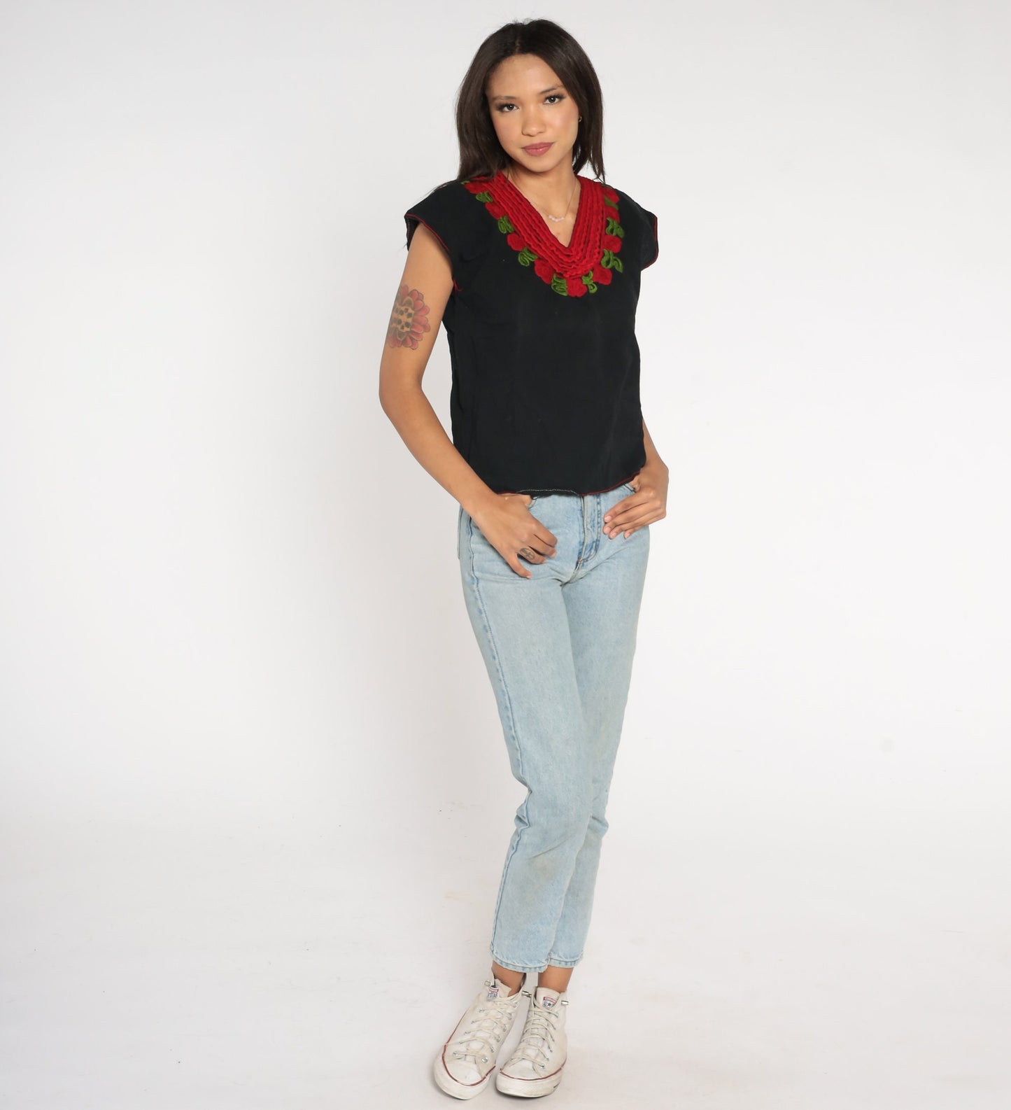 90s Mexican Embroidered Blouse Black Red Rose Tunic Cap Sleeve Medium