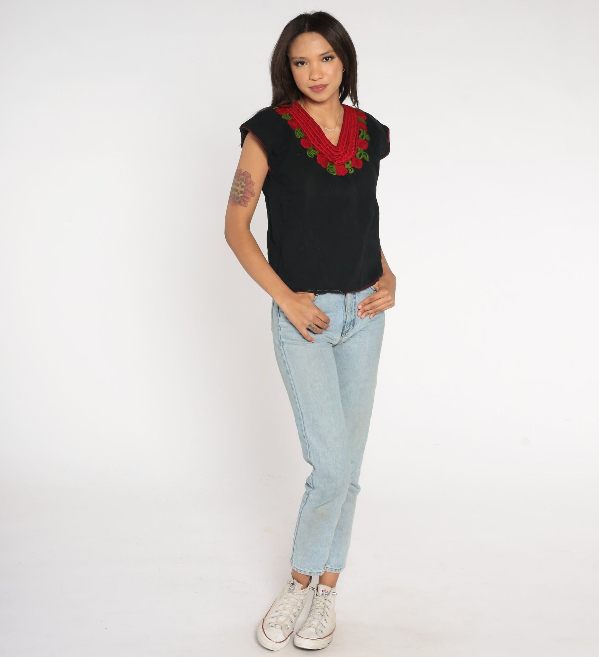 90s Mexican Embroidered Blouse Black Red Rose Tunic Cap Sleeve Medium