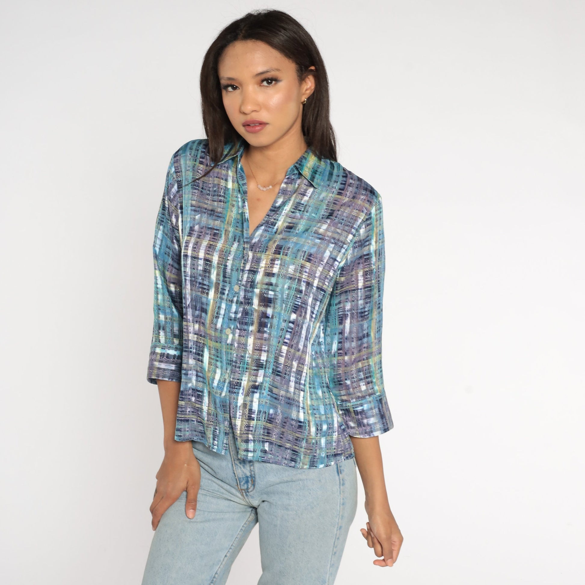 00s Metallic Striped Button-Up Blouse Purple Blue 3/4 Sleeve Medium