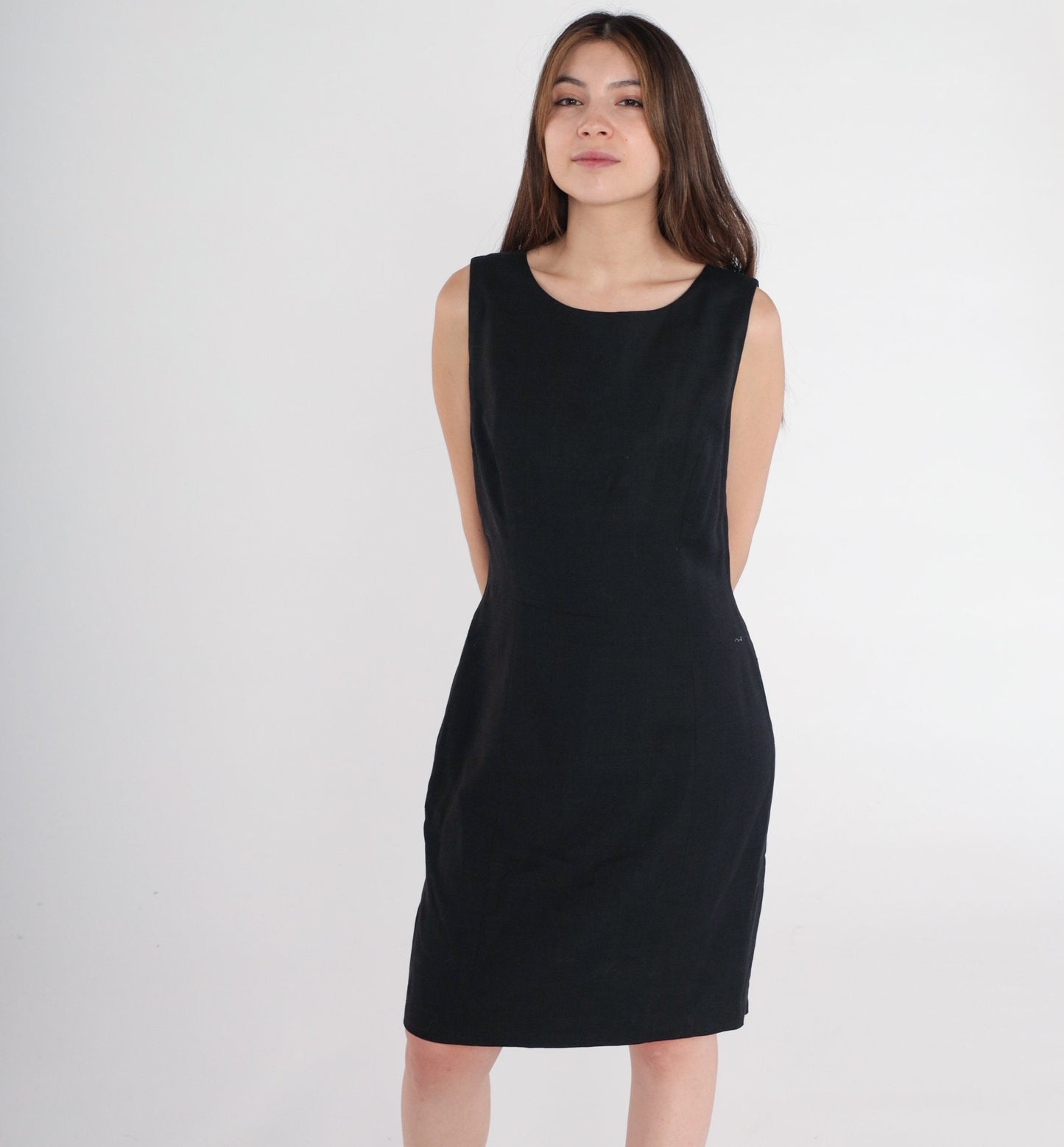 90s Black Mini Sheath Dress Sleeveless Round Neck Linen Rayon Medium M