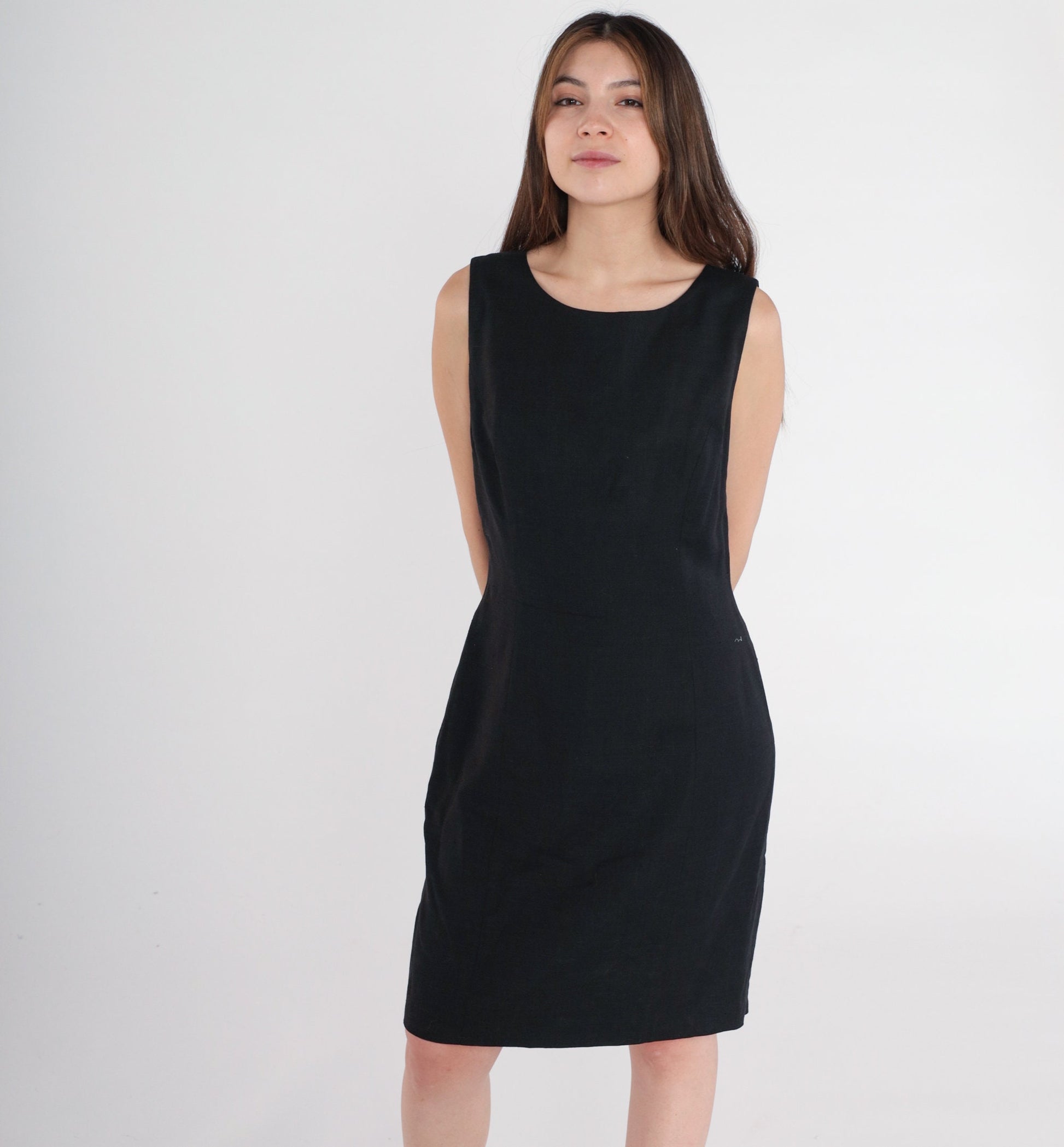 90s Black Mini Sheath Dress Sleeveless Round Neck Linen Rayon Medium M