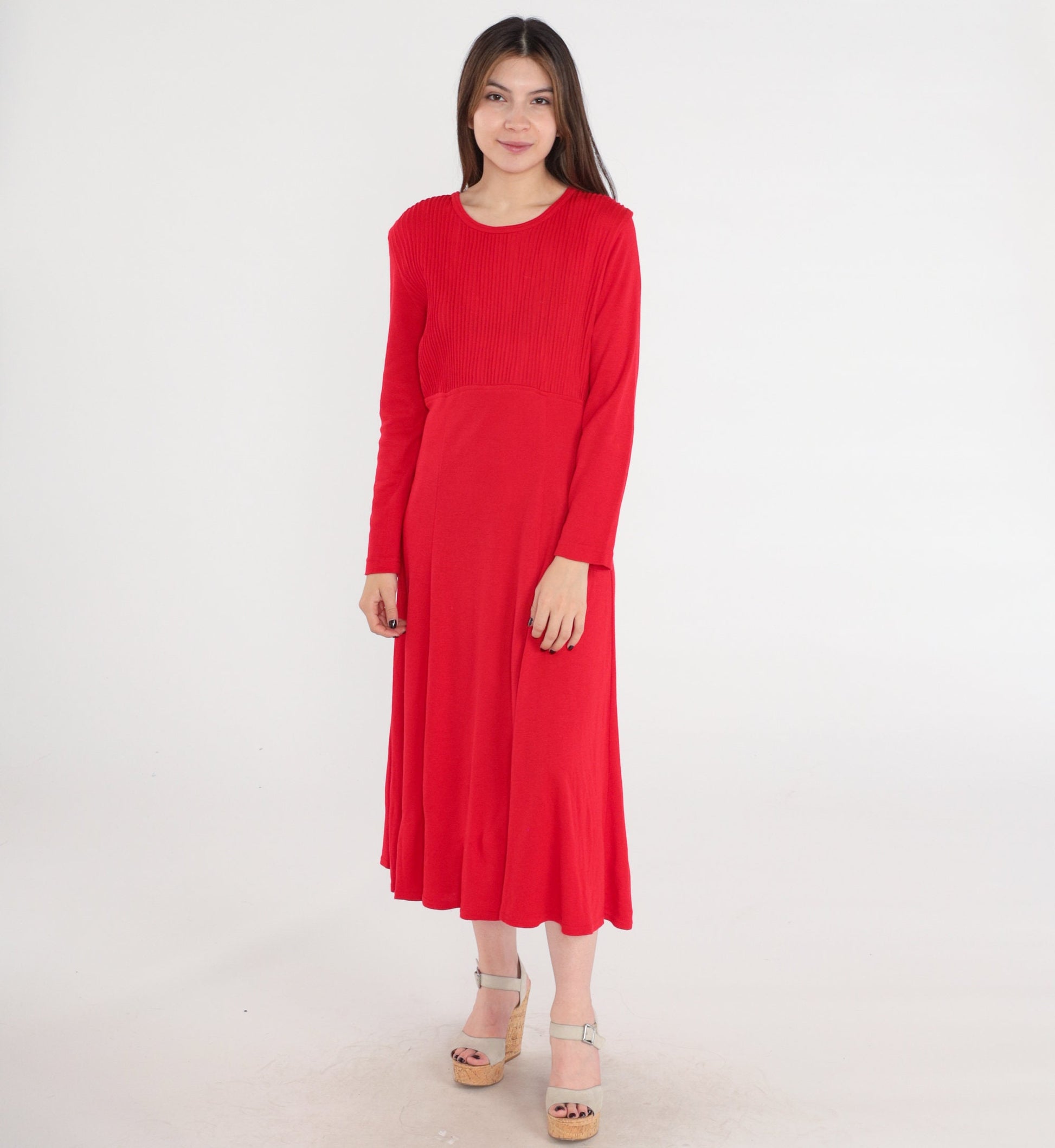 80s Red Midi Dress High Waist Pleated Long Sleeve Medium