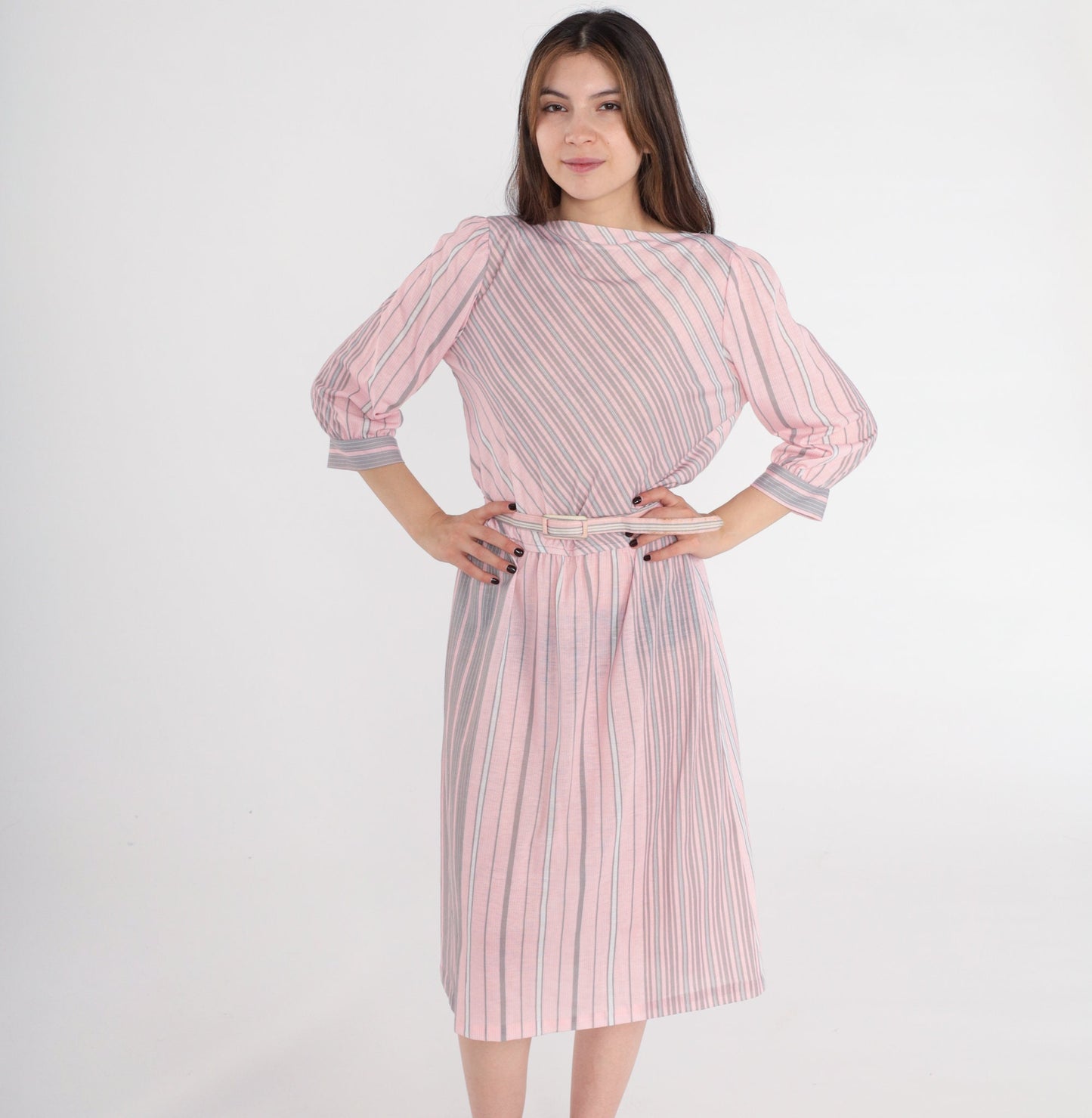 80s Pink Grey Striped Midi Dress Puff Sleeve Boatneck Belted Medium 8