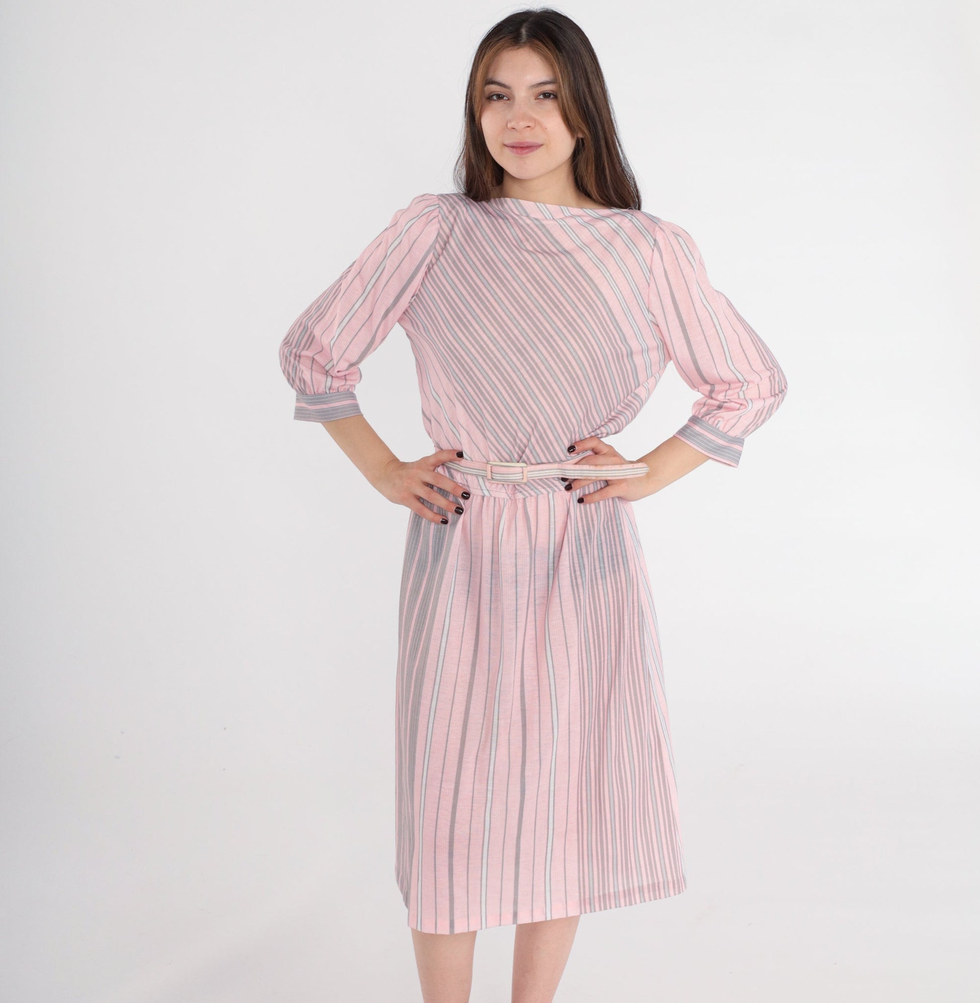 80s Pink Grey Striped Midi Dress Puff Sleeve Boatneck Belted Medium 8
