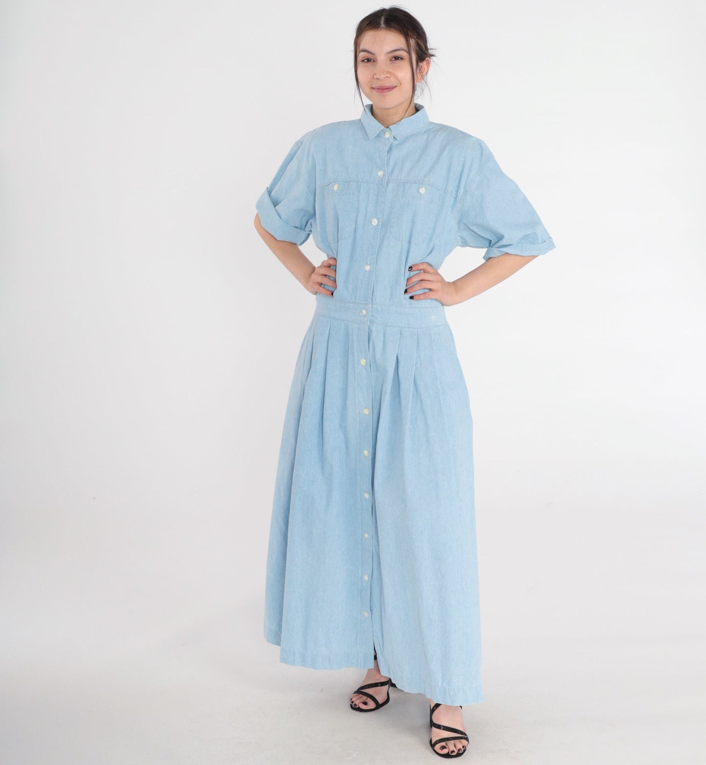 80s Norm Thompson Blue Denim Maxi Dress Button-Up Chest Pocket Extra Large