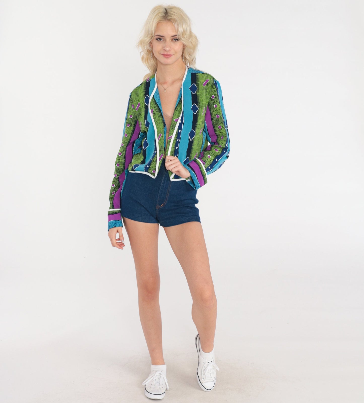 90s Geometric Striped Open Front Blazer Cropped Jacket Blue Green Purple Medium